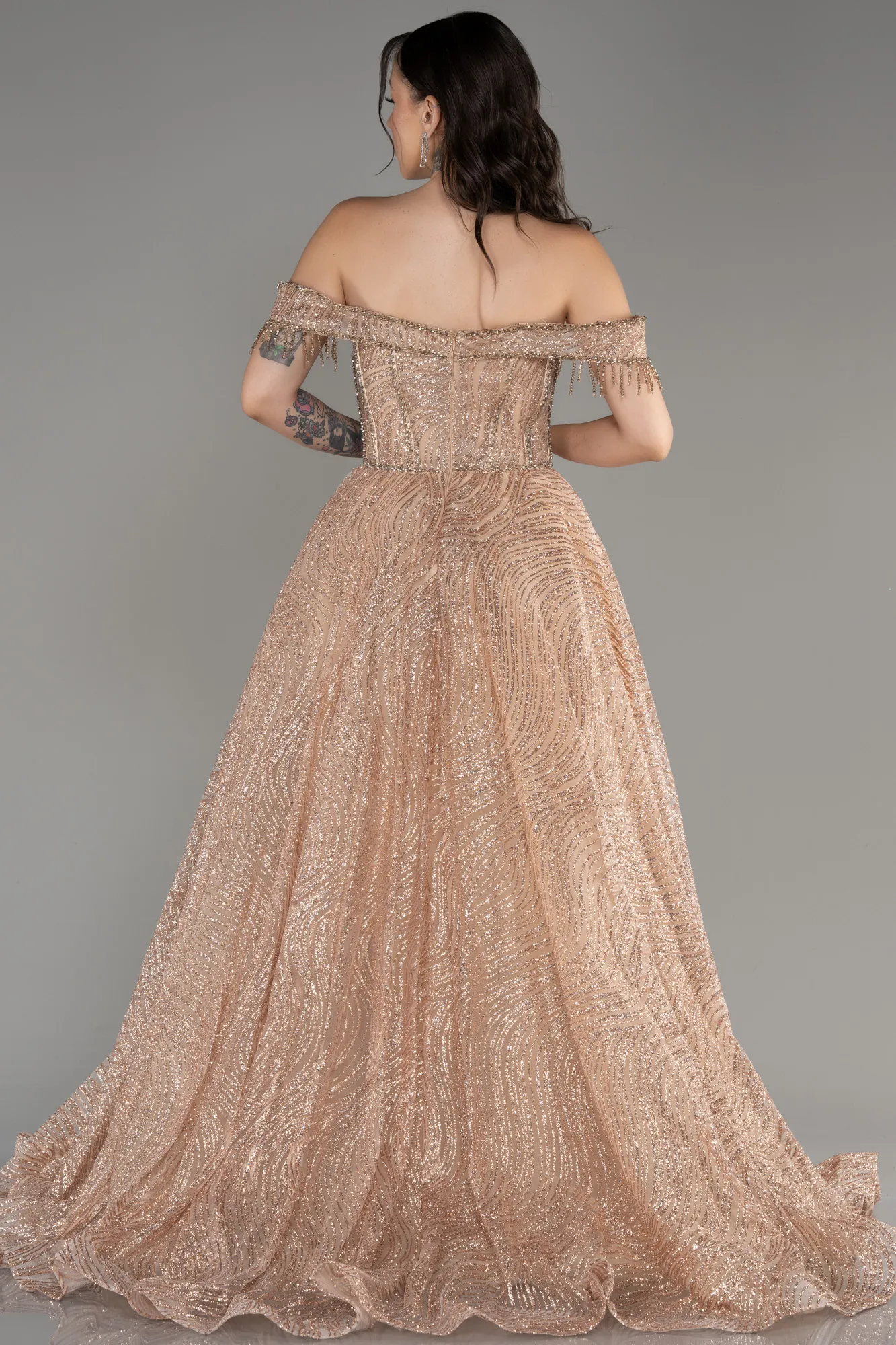 Gold-Off The Shoulder Long Silvery Ball Gown ABU4010