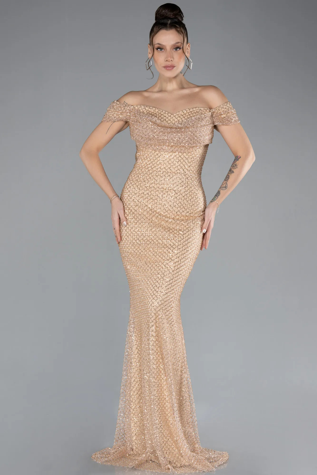 Gold-Off The Shoulder Stone Long Mermaid Prom Dress ABU4402