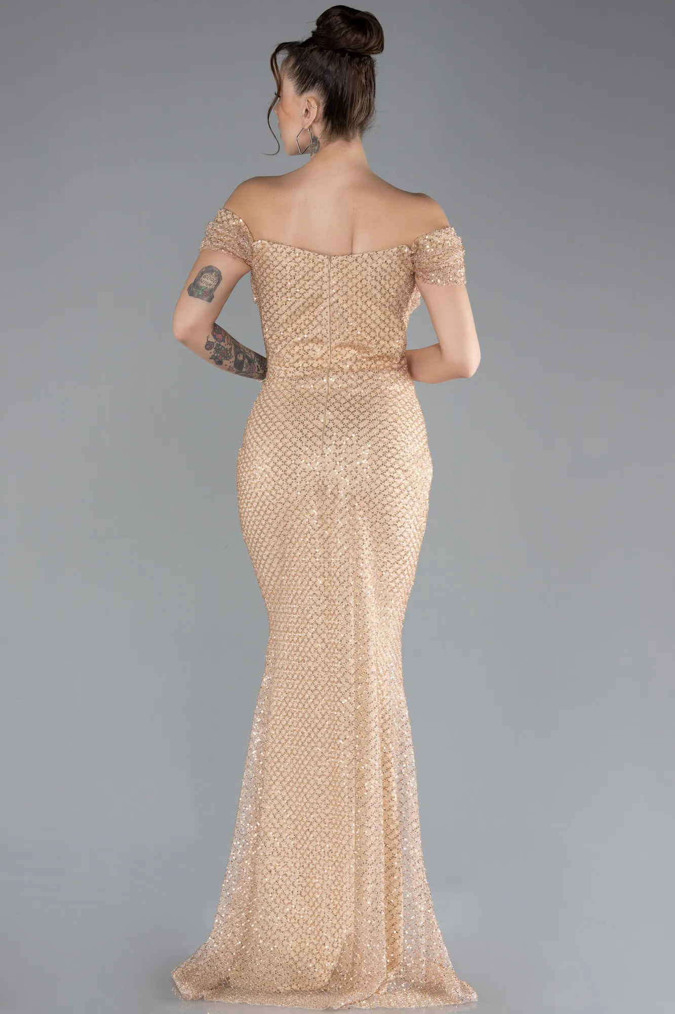 Gold-Off The Shoulder Stone Long Mermaid Prom Dress ABU4402