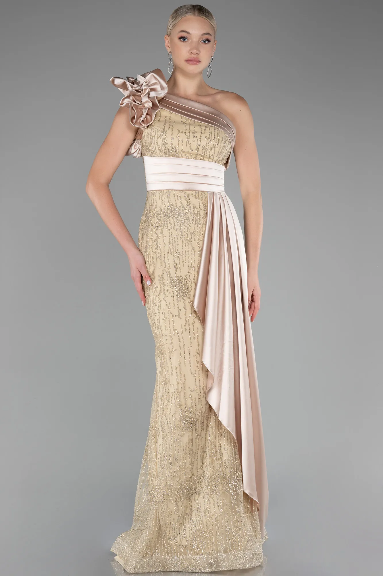 Gold-One Shoulder Glitter Long Evening Gown ABU4059