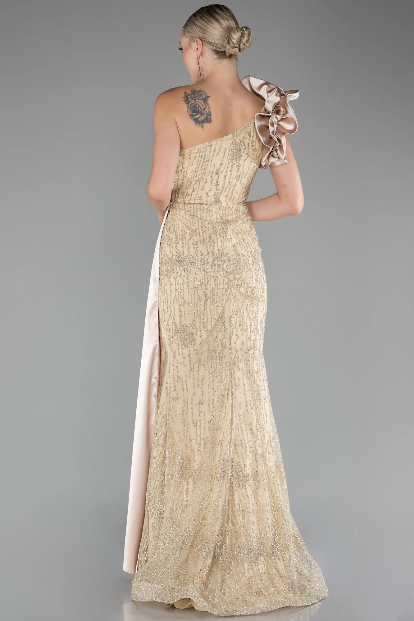 Gold-One Shoulder Glitter Long Evening Gown ABU4059