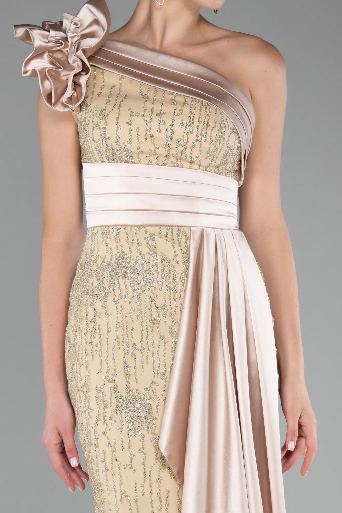 Gold-One Shoulder Glitter Long Evening Gown ABU4059