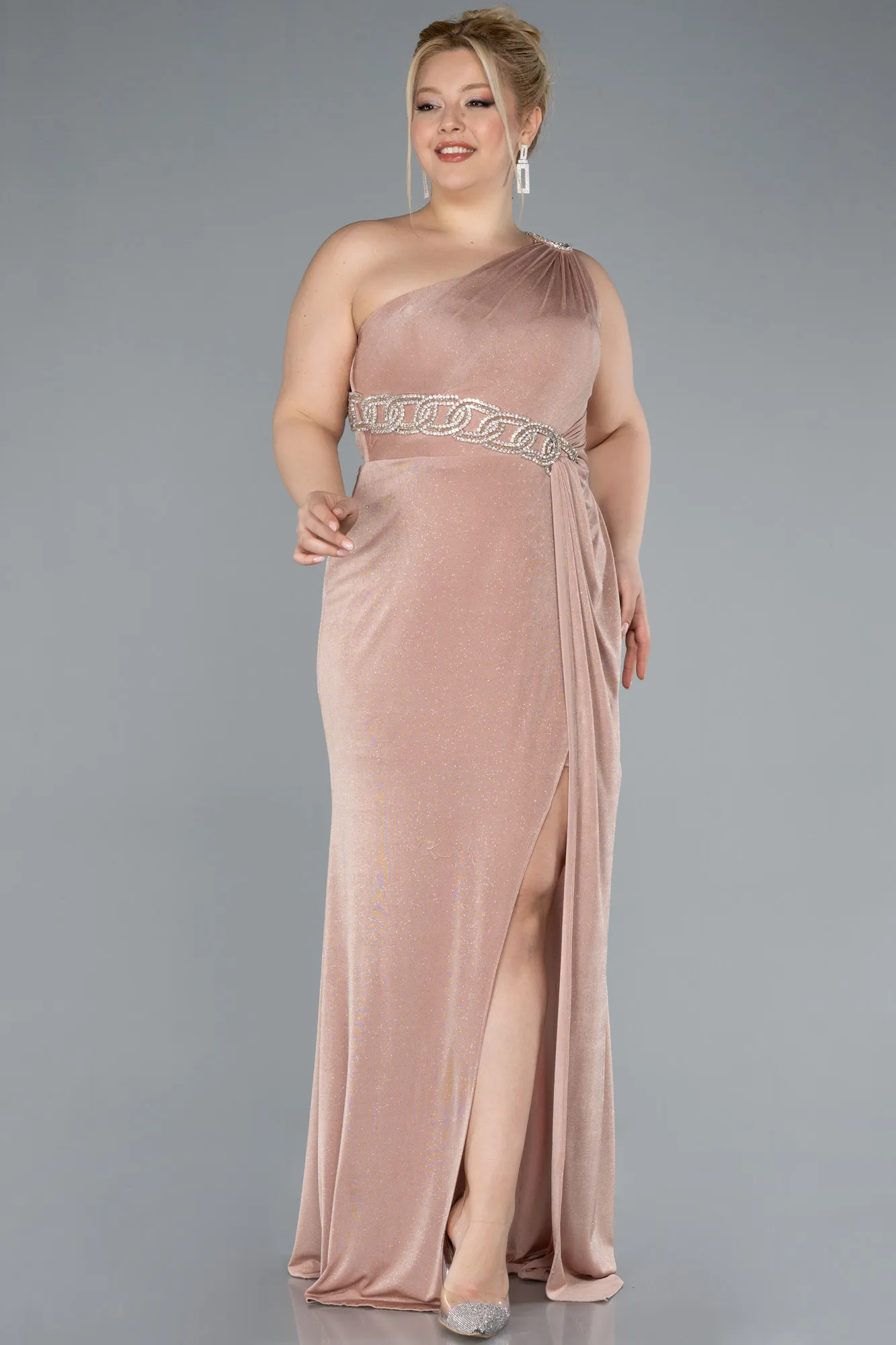 Gold-One Shoulder Slit Glittered Long Plus Size Prom Dress ABU4601