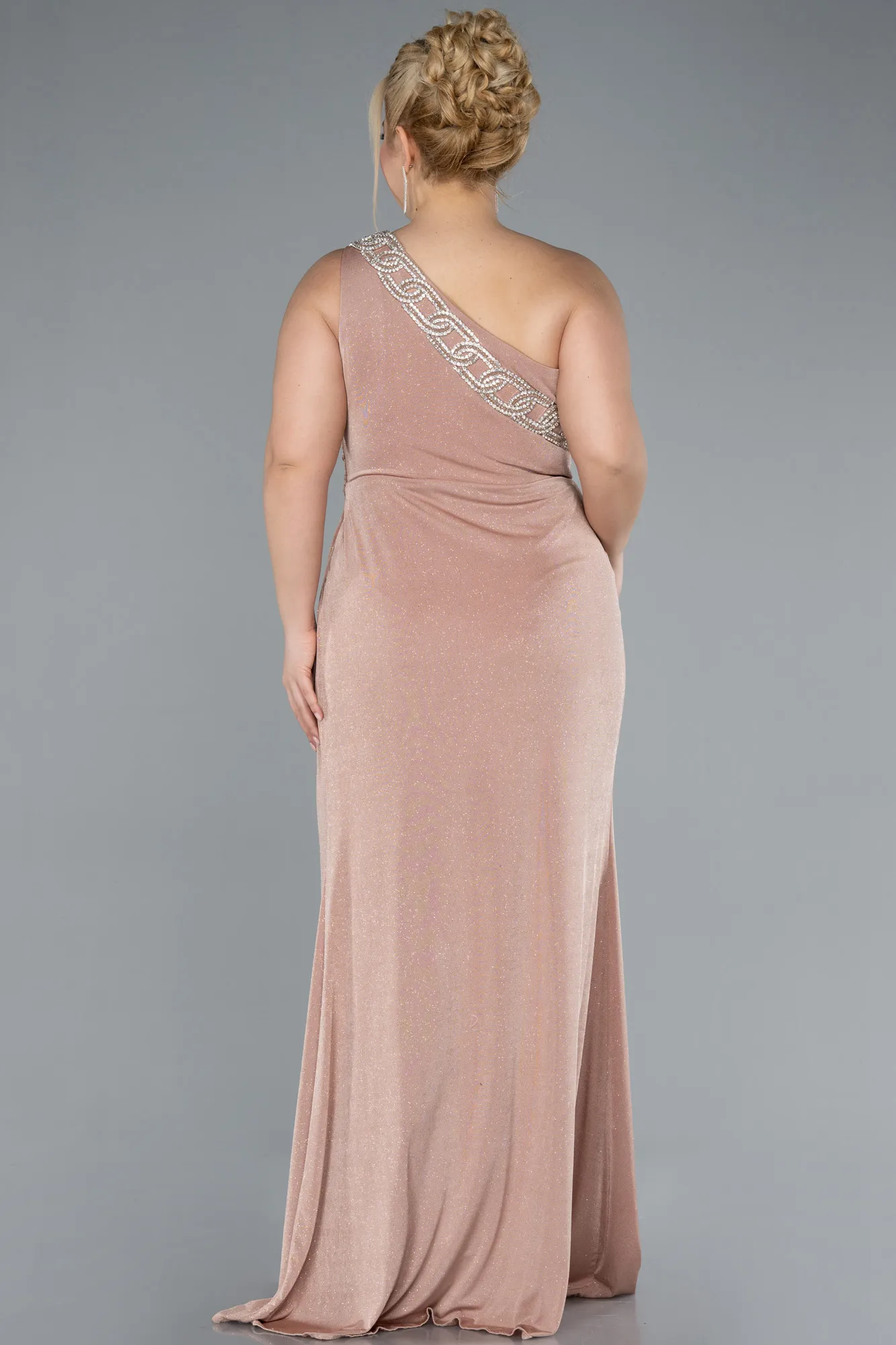 Gold-One Shoulder Slit Glittered Long Plus Size Prom Dress ABU4601