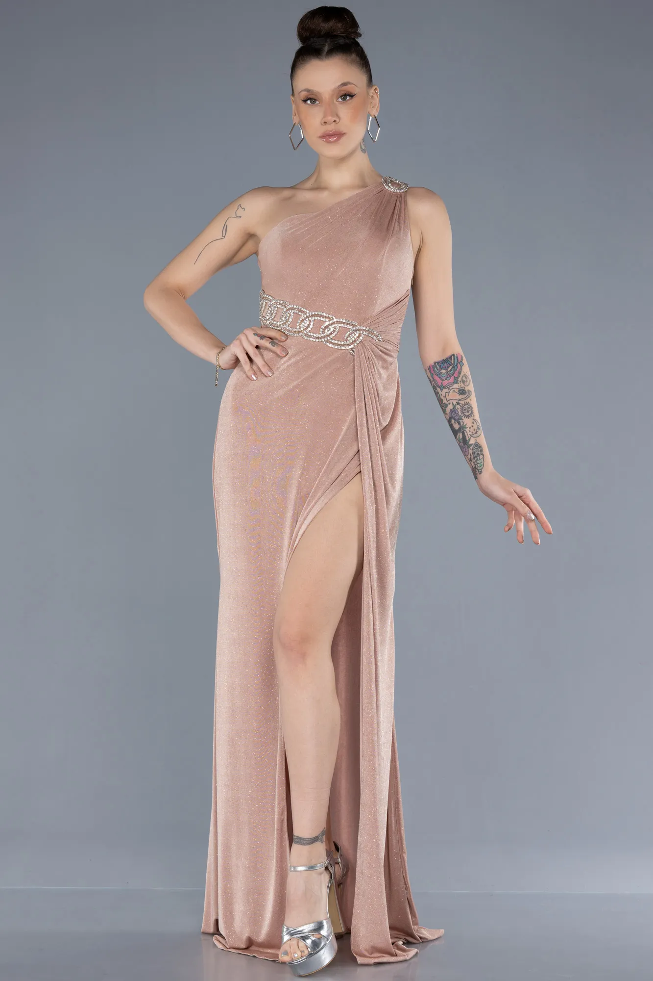 Gold-One Shoulder Slit Glittered Long Prom Dress ABU4599