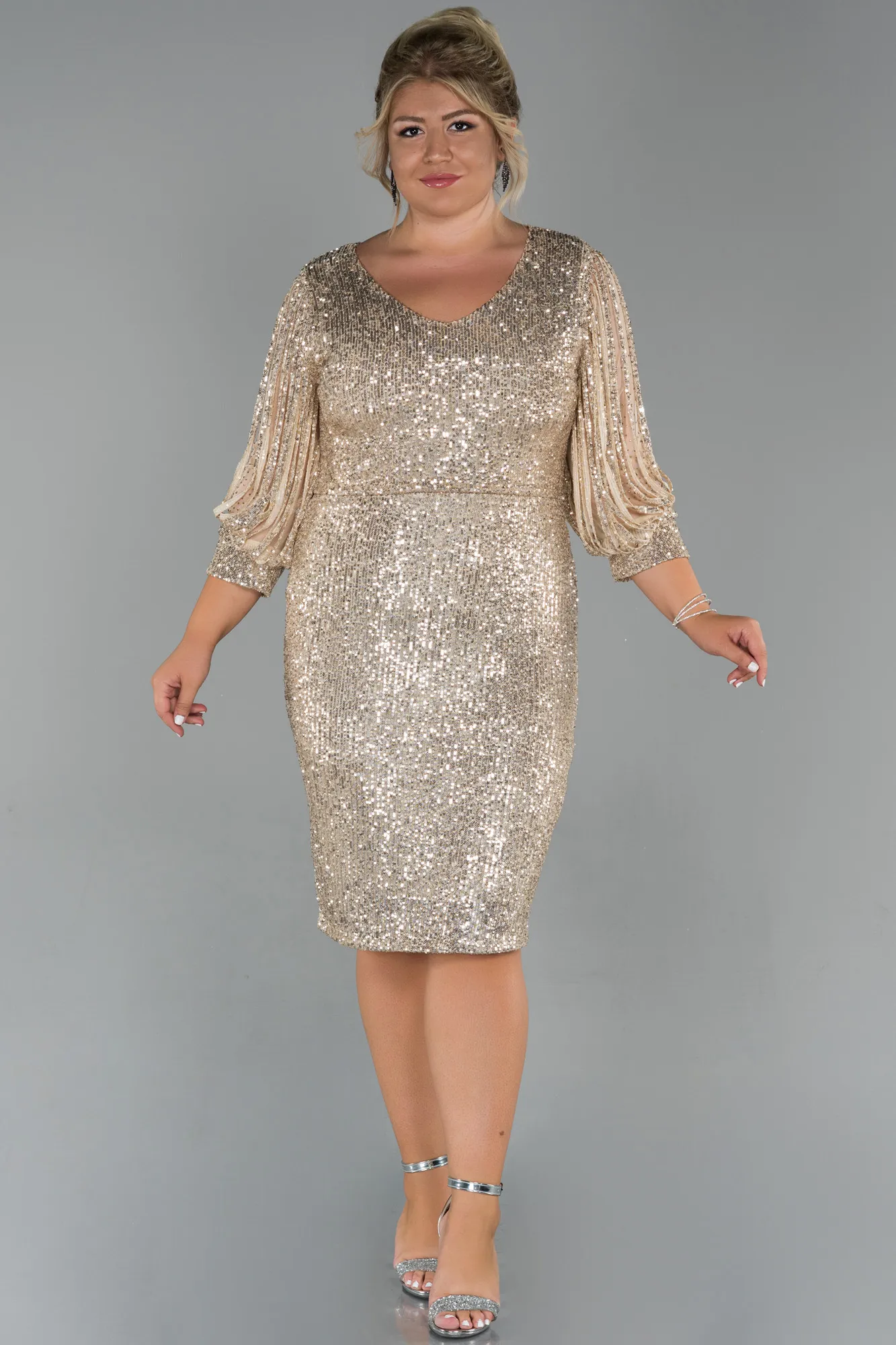 Gold-Short Plus Size Evening Dress ABK631