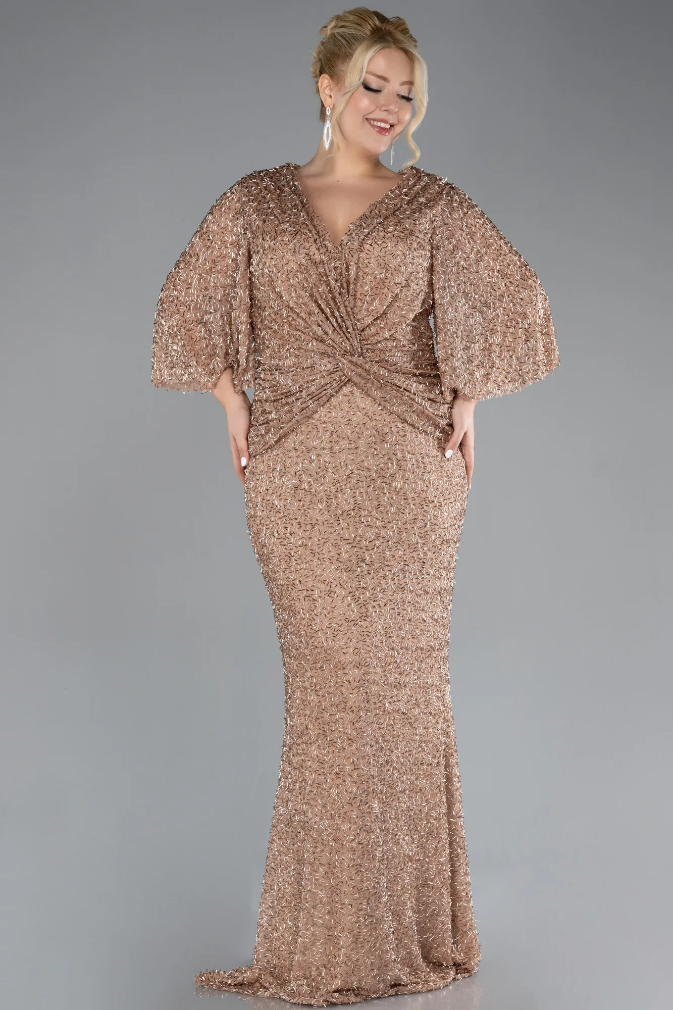 Gold-Short Sleeve Beaded Long Plus Size Evening Gown ABU4390