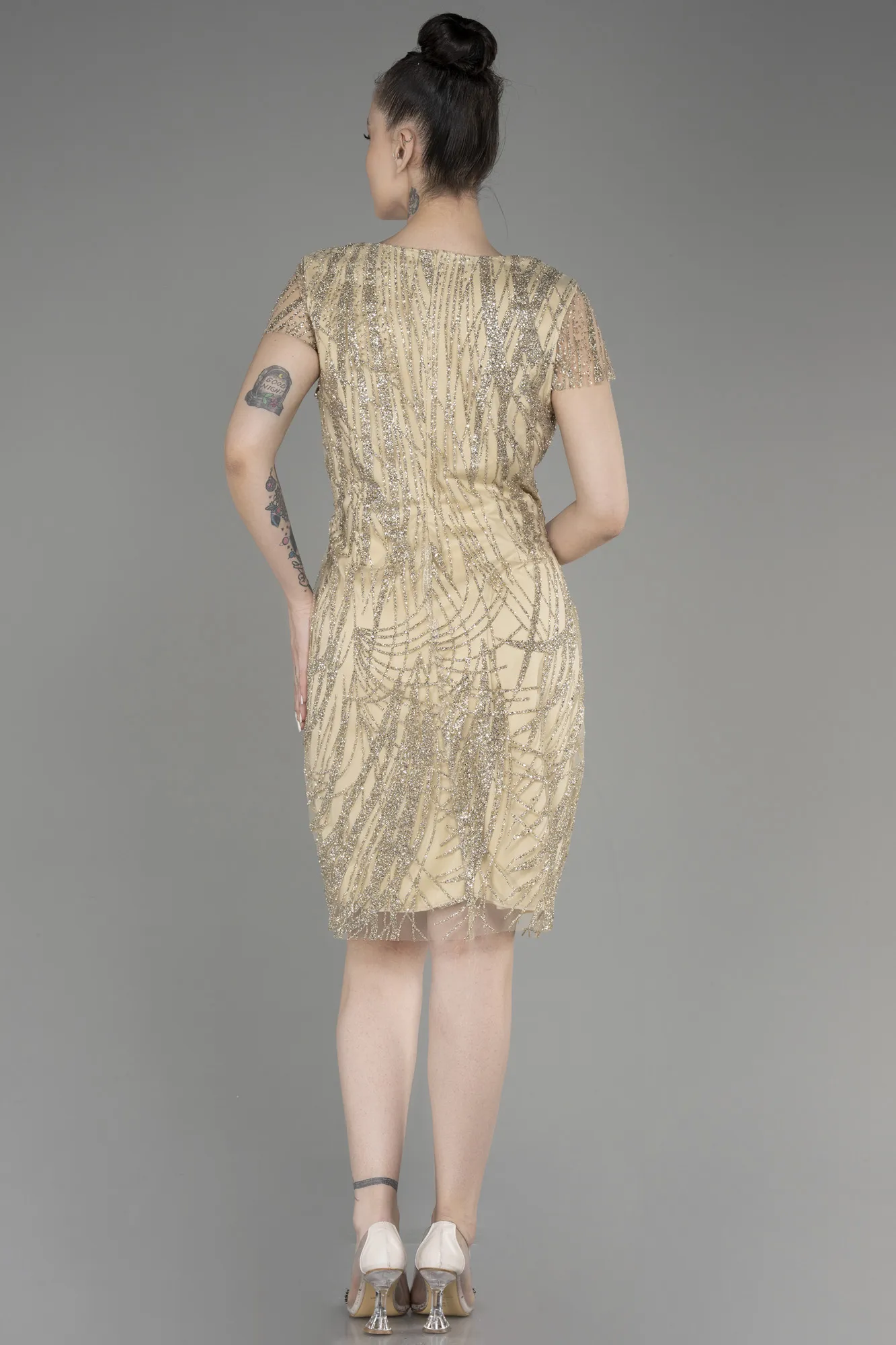 Gold-Short Sleeve Glittery Plus Size Invitation Dress ABK2050