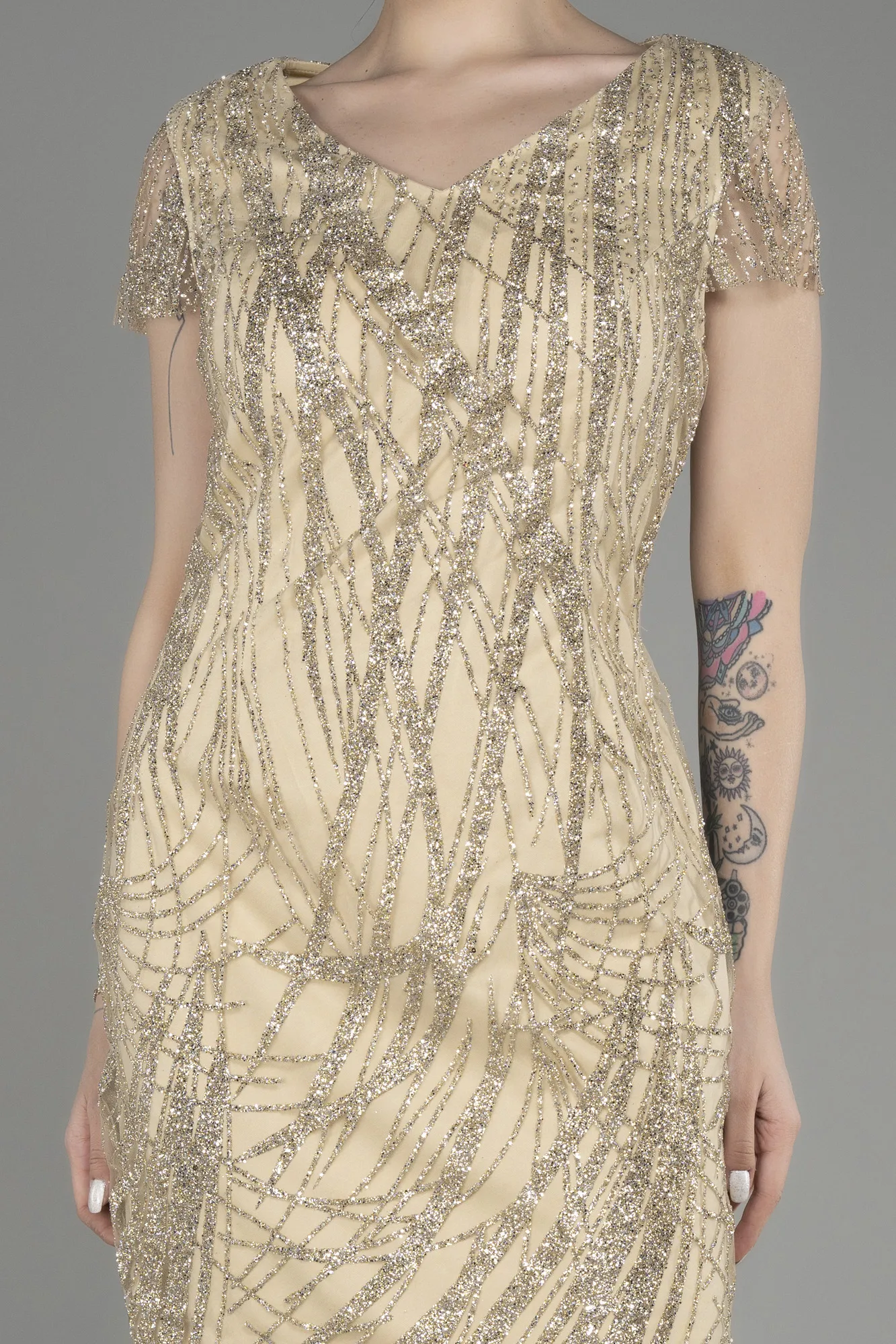 Gold-Short Sleeve Glittery Plus Size Invitation Dress ABK2050