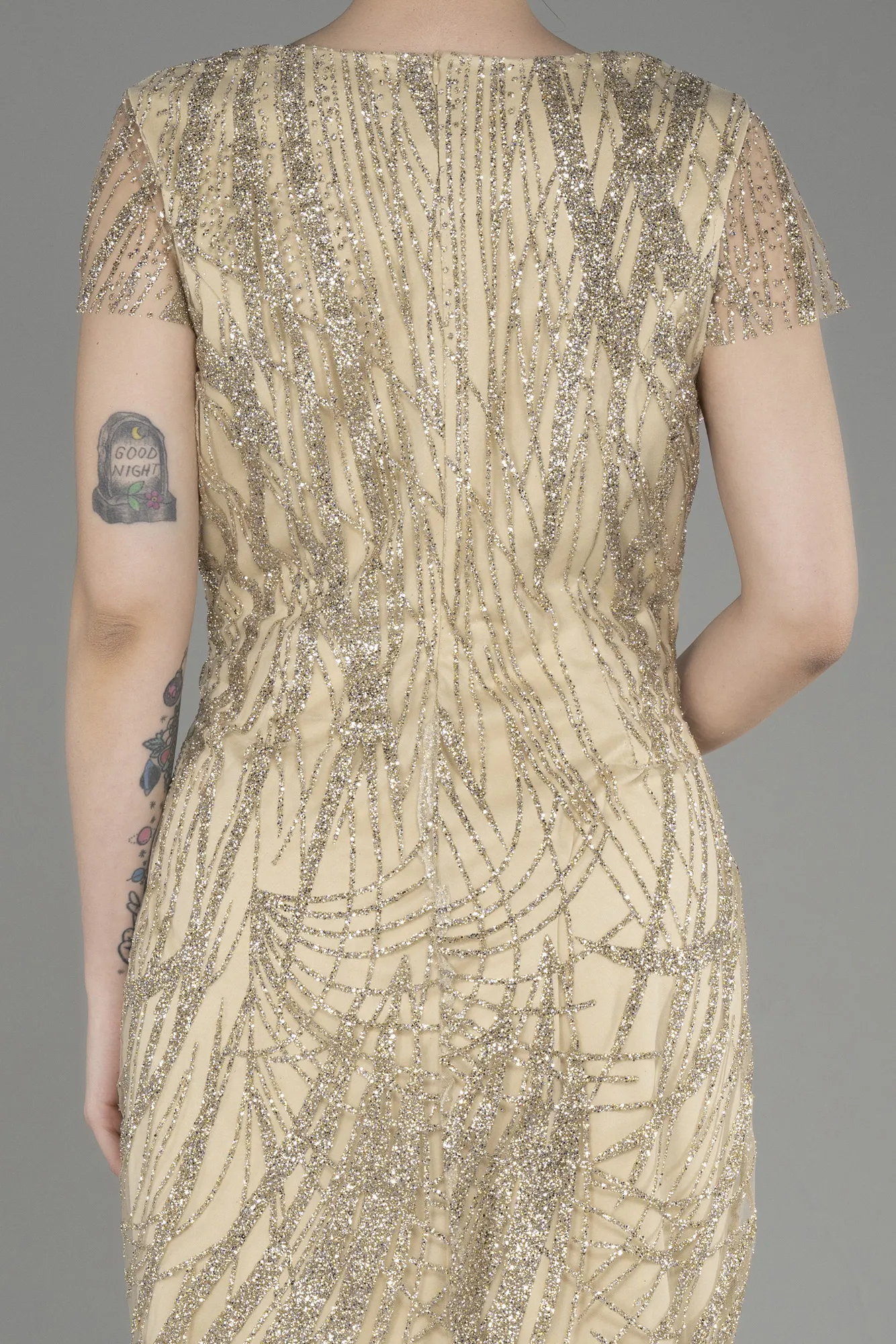 Gold-Short Sleeve Glittery Plus Size Invitation Dress ABK2050