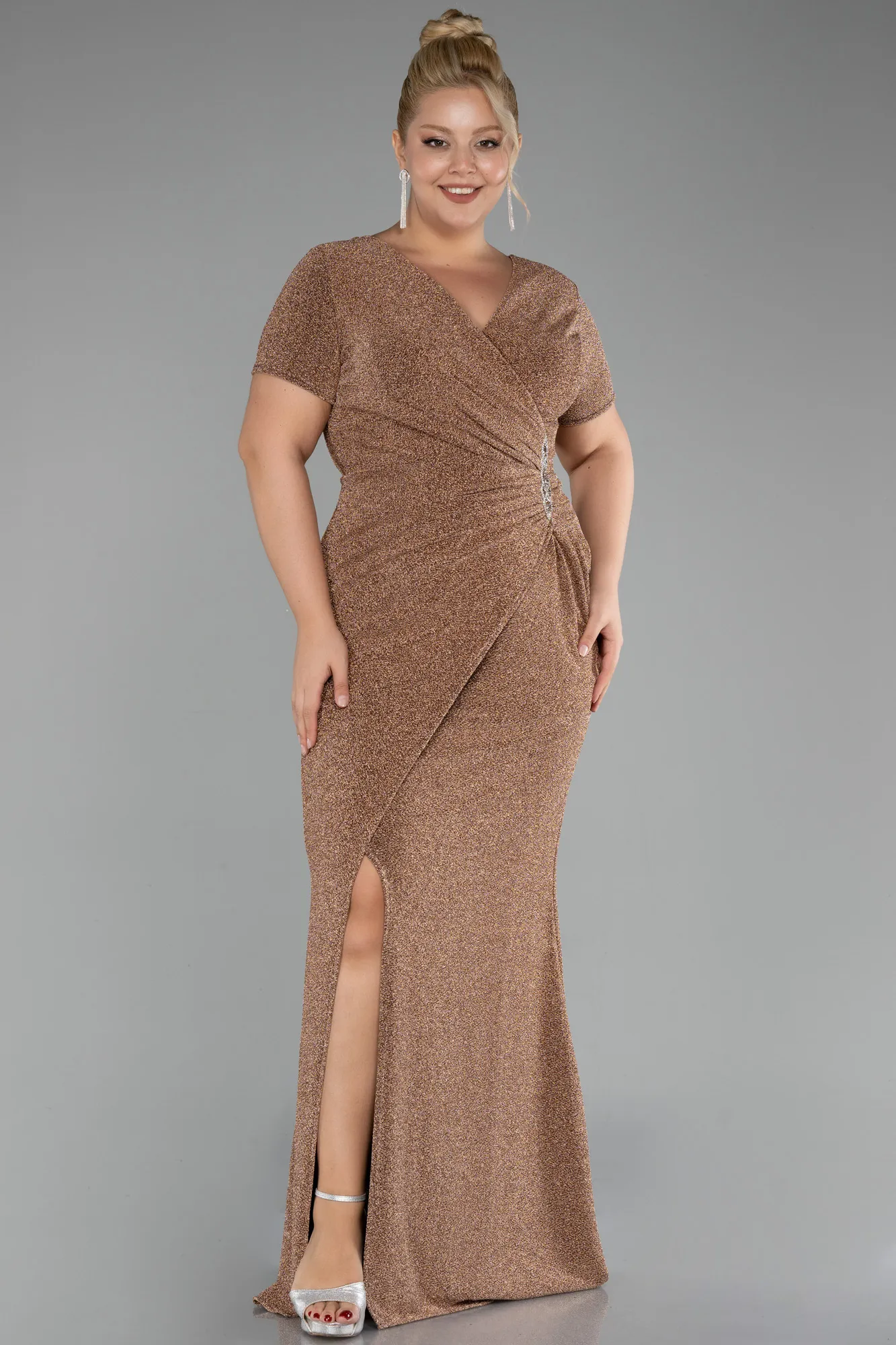 Gold-Short Sleeve Long Silvery Plus Size Evening Dress ABU4101