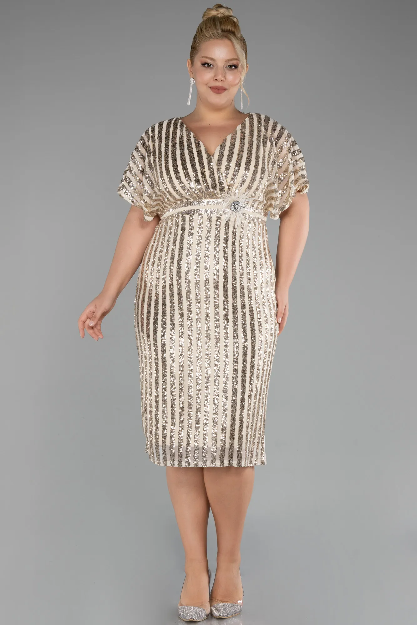 Gold-Short Sleeve Scaly Midi Plus Size Cocktail Dress ABK2104