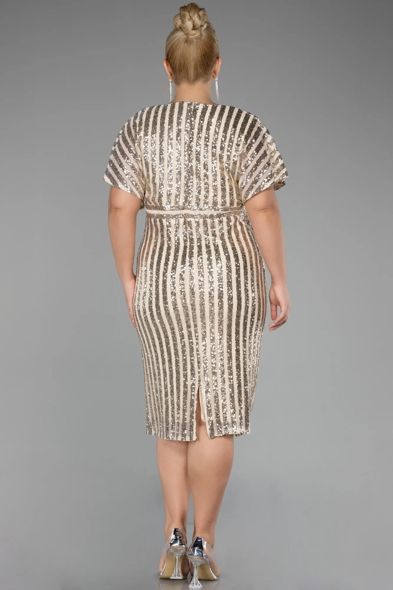 Gold-Short Sleeve Scaly Midi Plus Size Cocktail Dress ABK2104