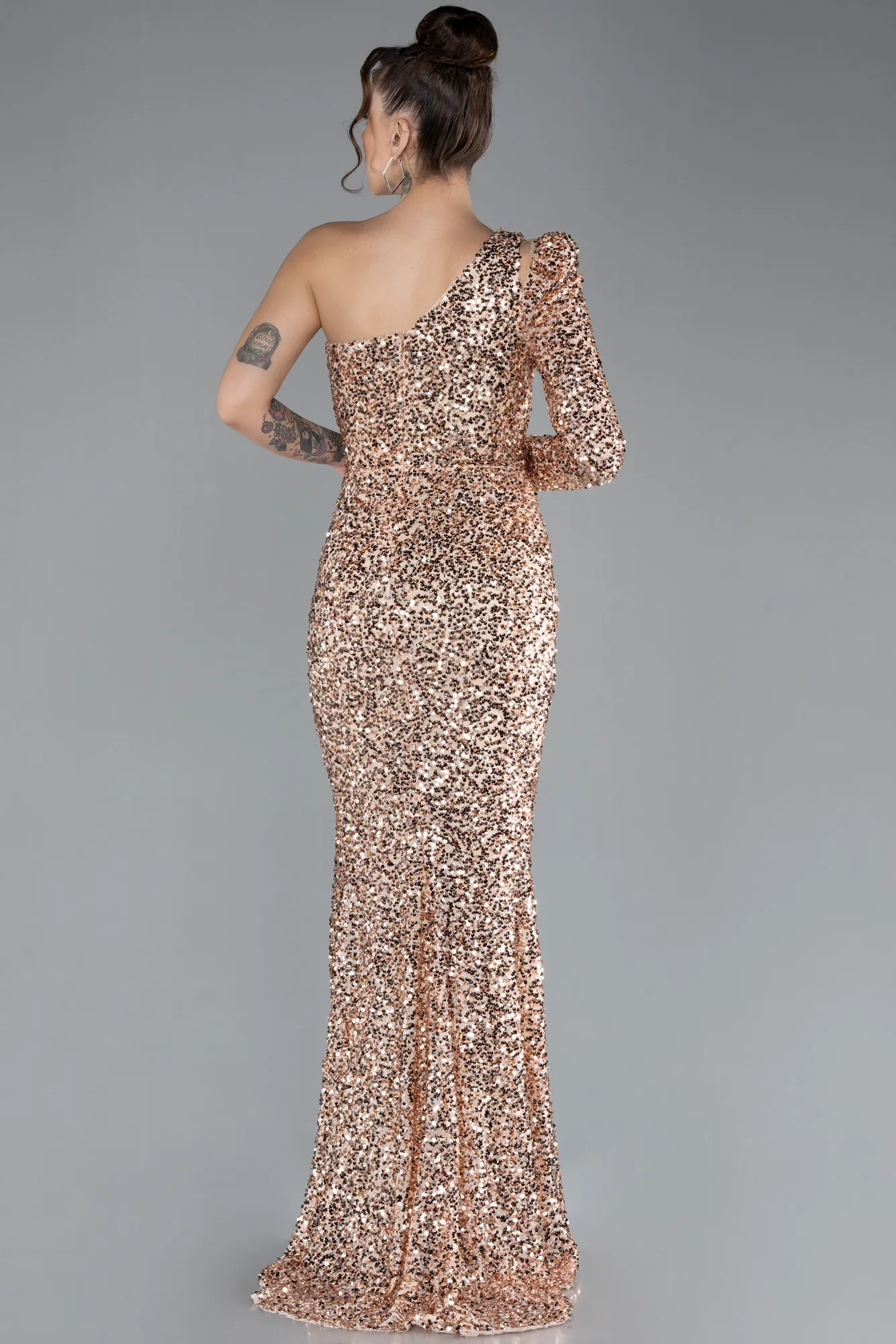 Gold-Single Sleeve Slit Long Sequined Evening Gown ABU4302