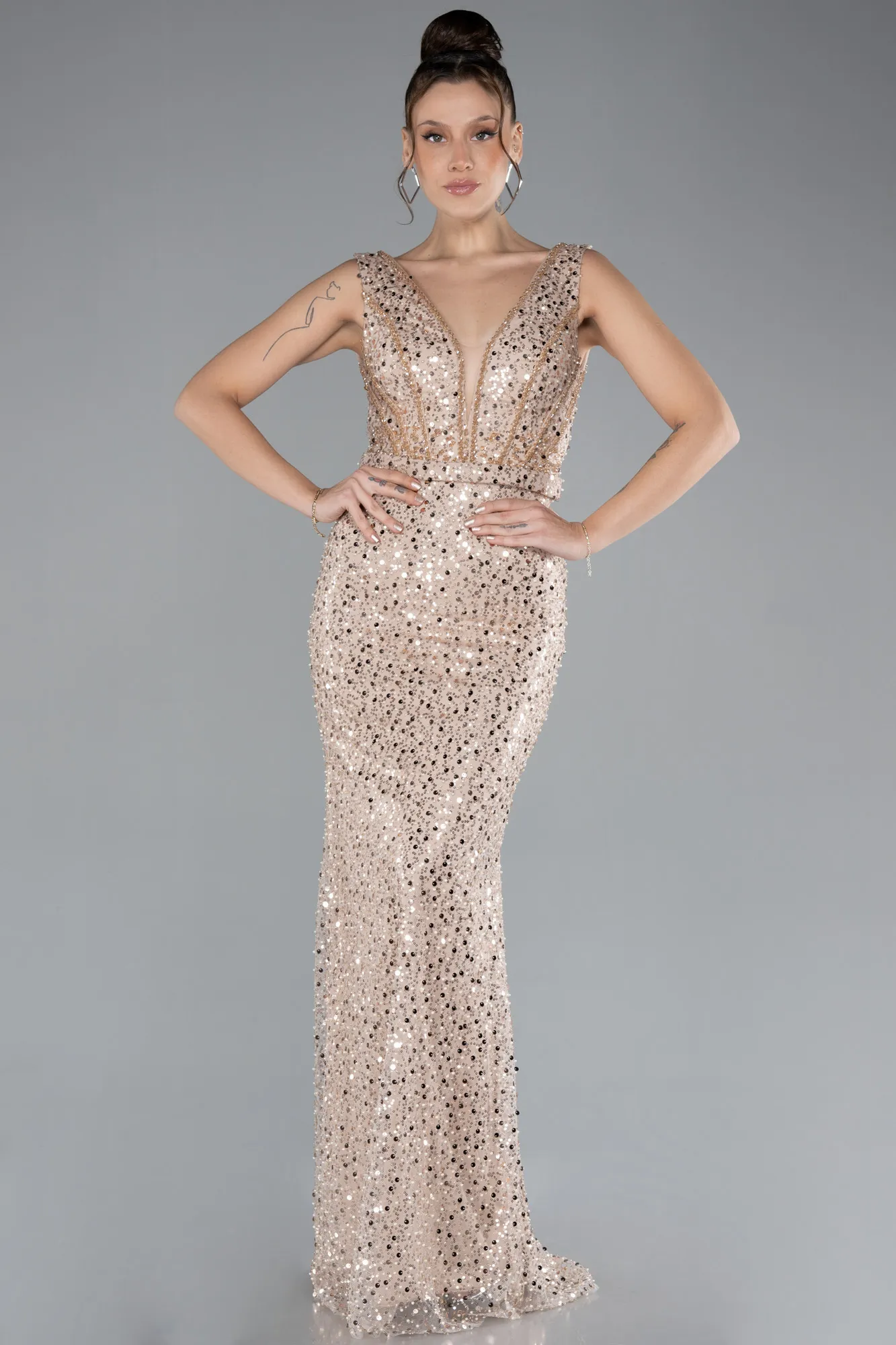 Gold-Sleeveless Scaly Long Evening Gown ABU4327