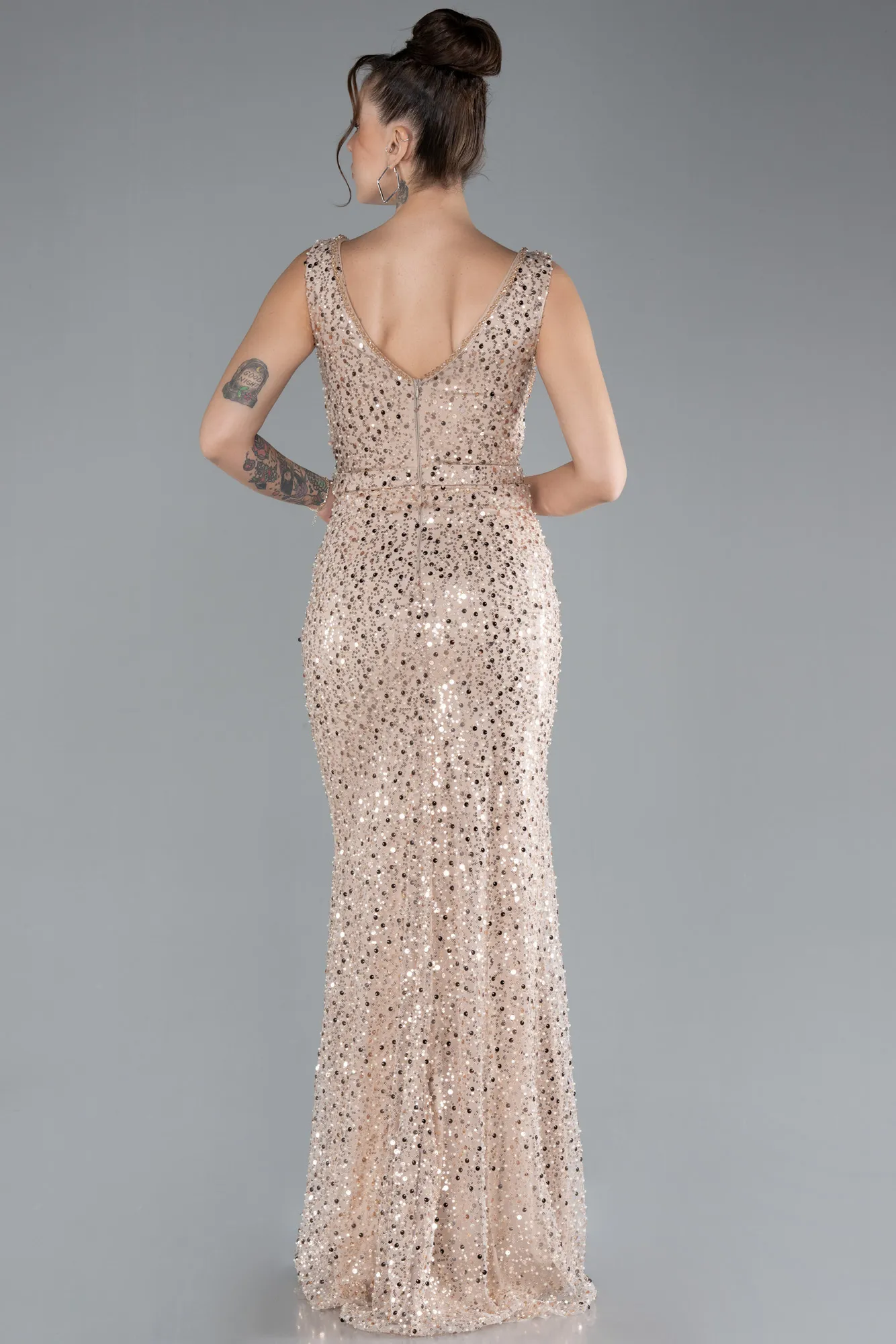 Gold-Sleeveless Scaly Long Evening Gown ABU4327