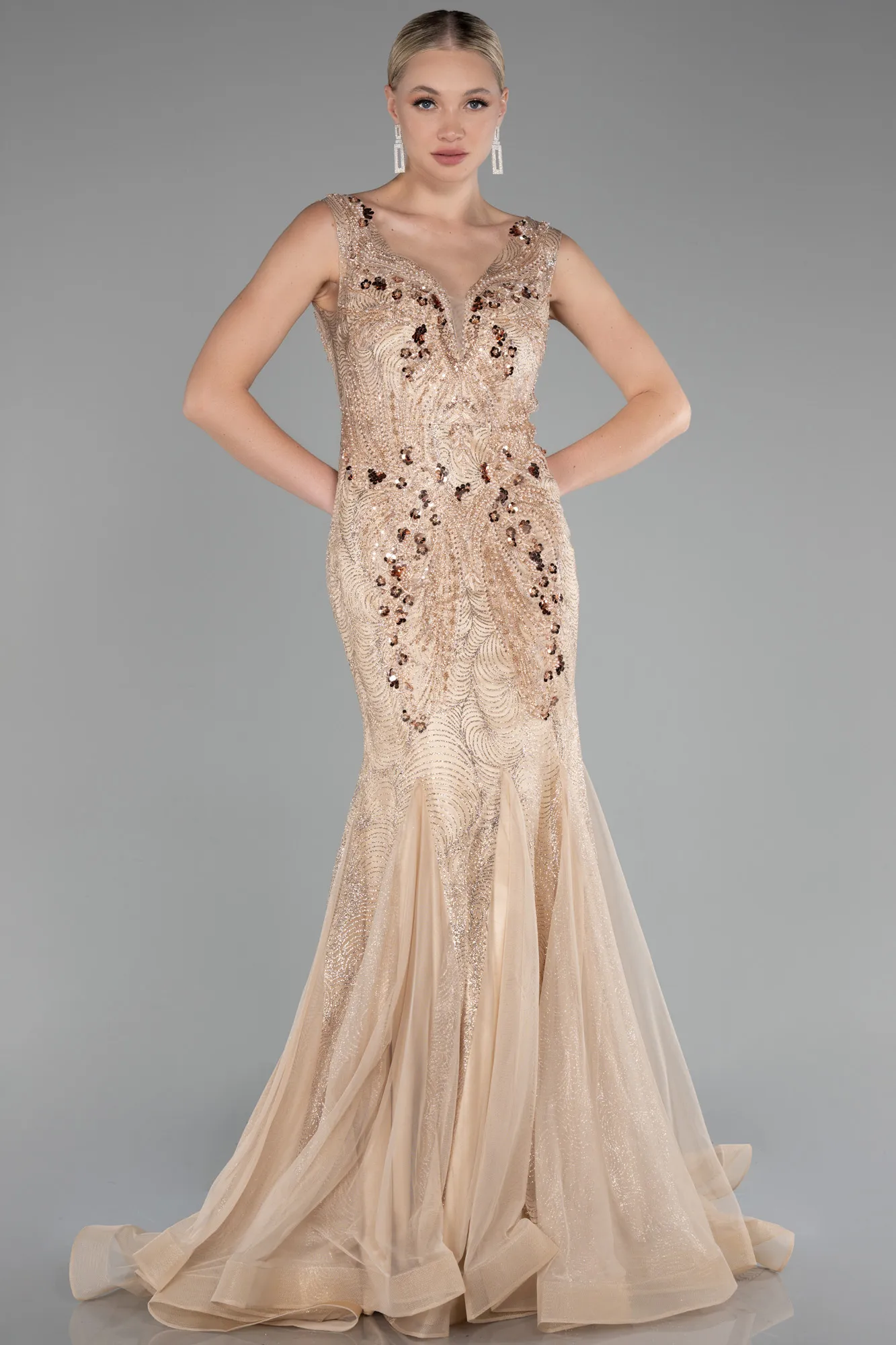 Gold-Sleeveless Stoned Long Evening Gown ABU4170