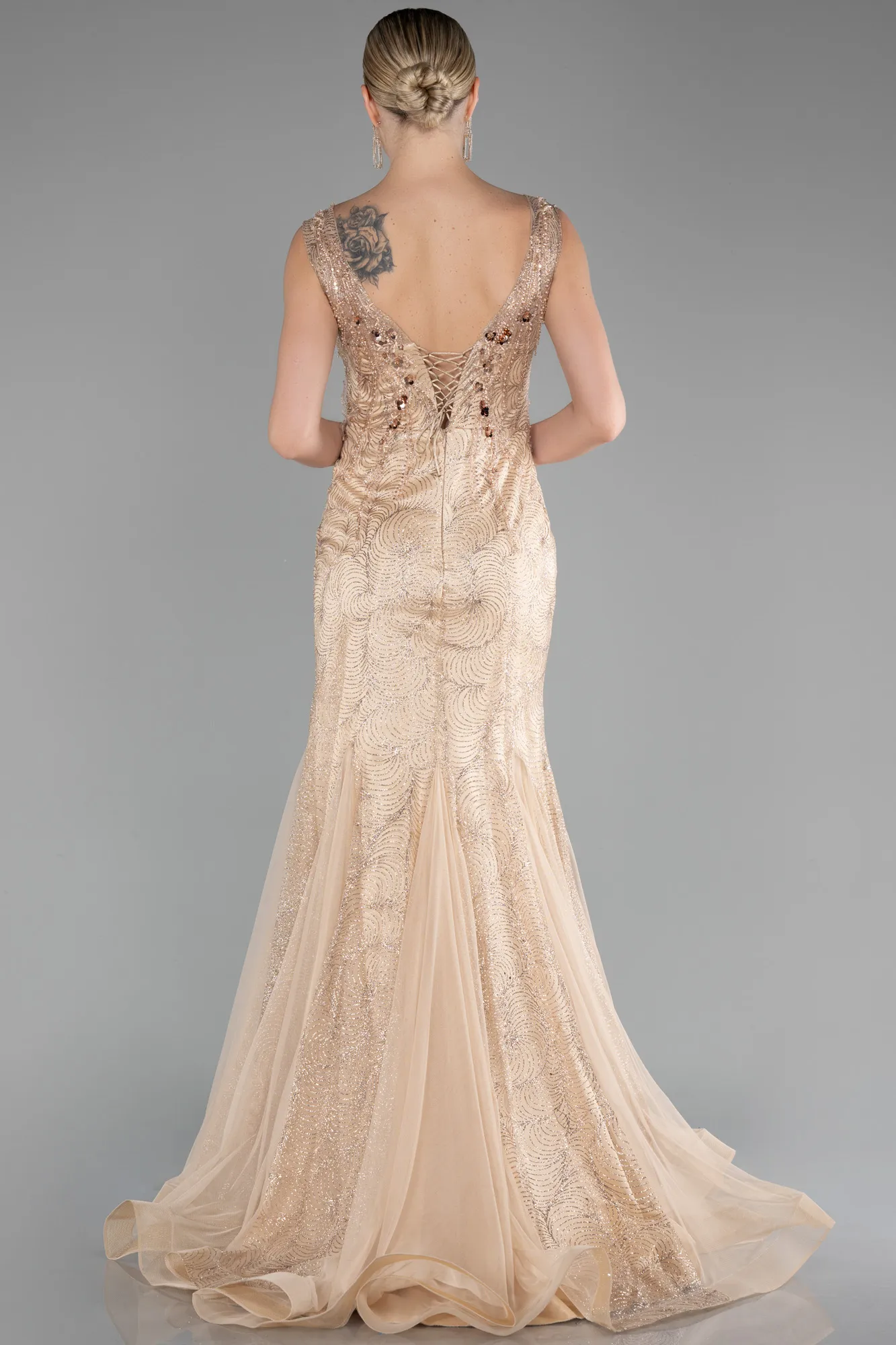 Gold-Sleeveless Stoned Long Evening Gown ABU4170