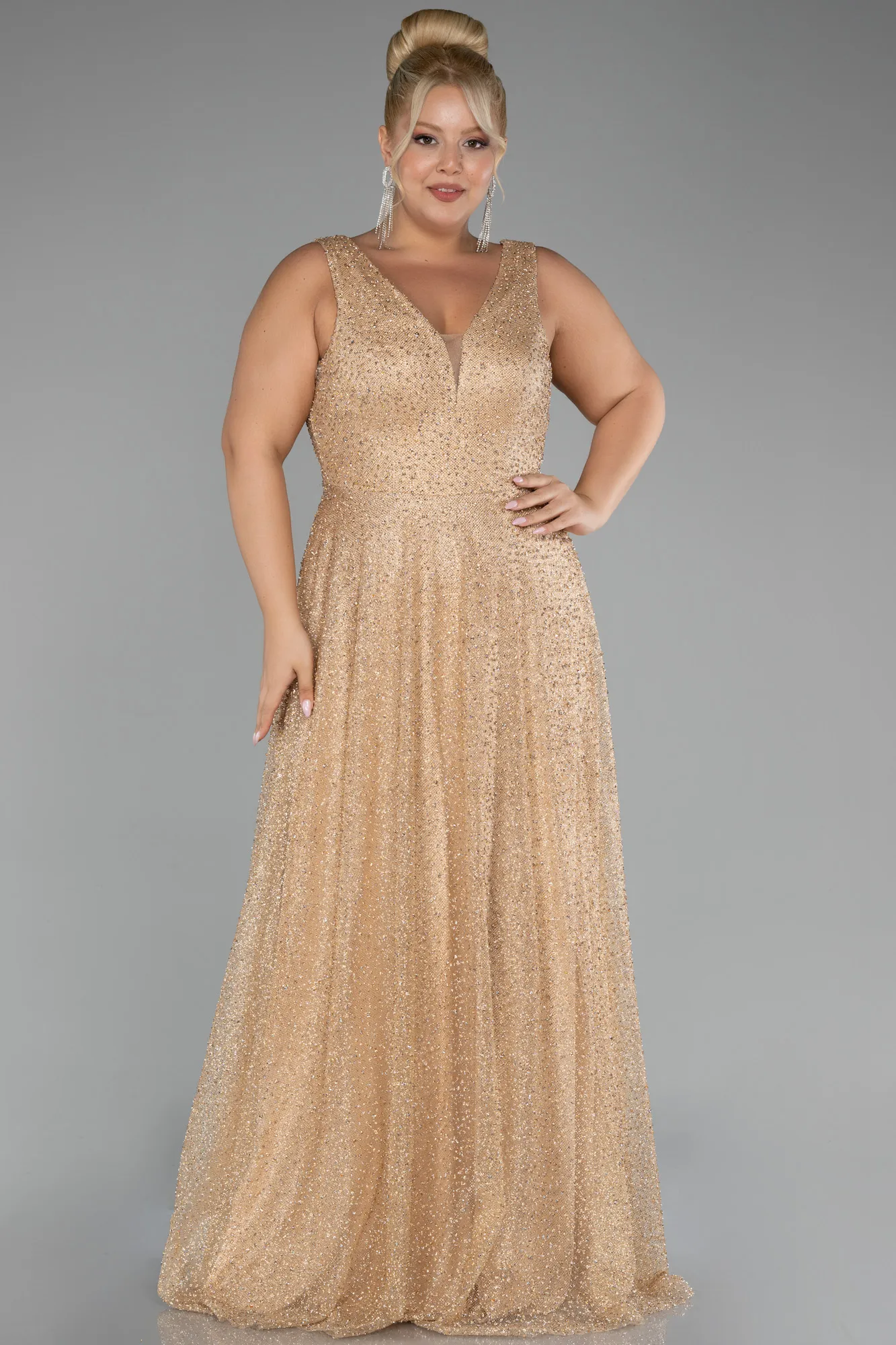 Gold-Sleevess Stony Long Plus Size Special Design Evening Dress ABU4147