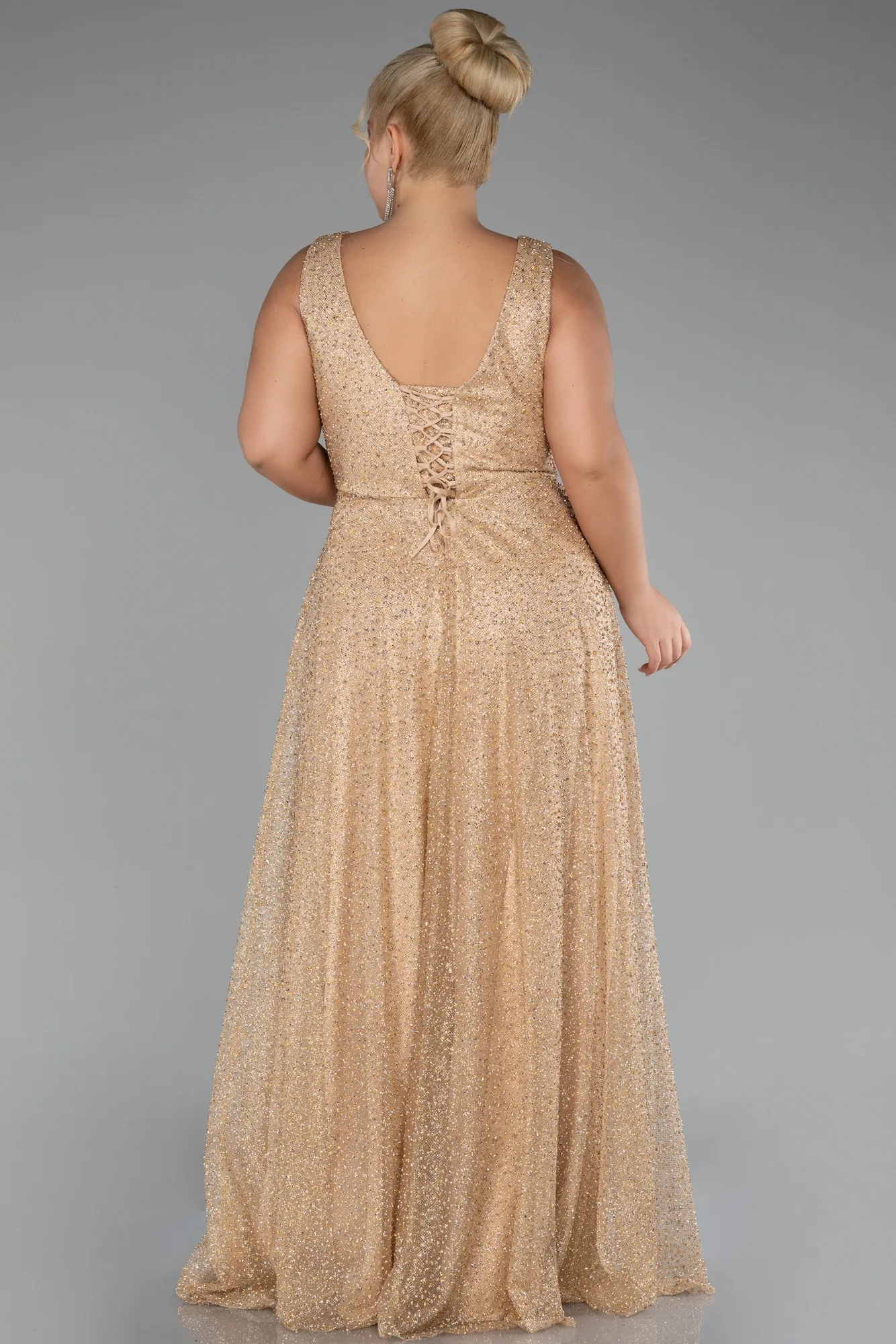 Gold-Sleevess Stony Long Plus Size Special Design Evening Dress ABU4147