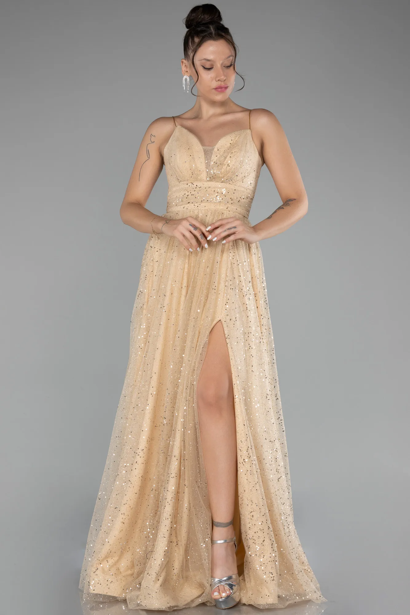 Gold-Slit Long Glitter Prom Gown ABU4152