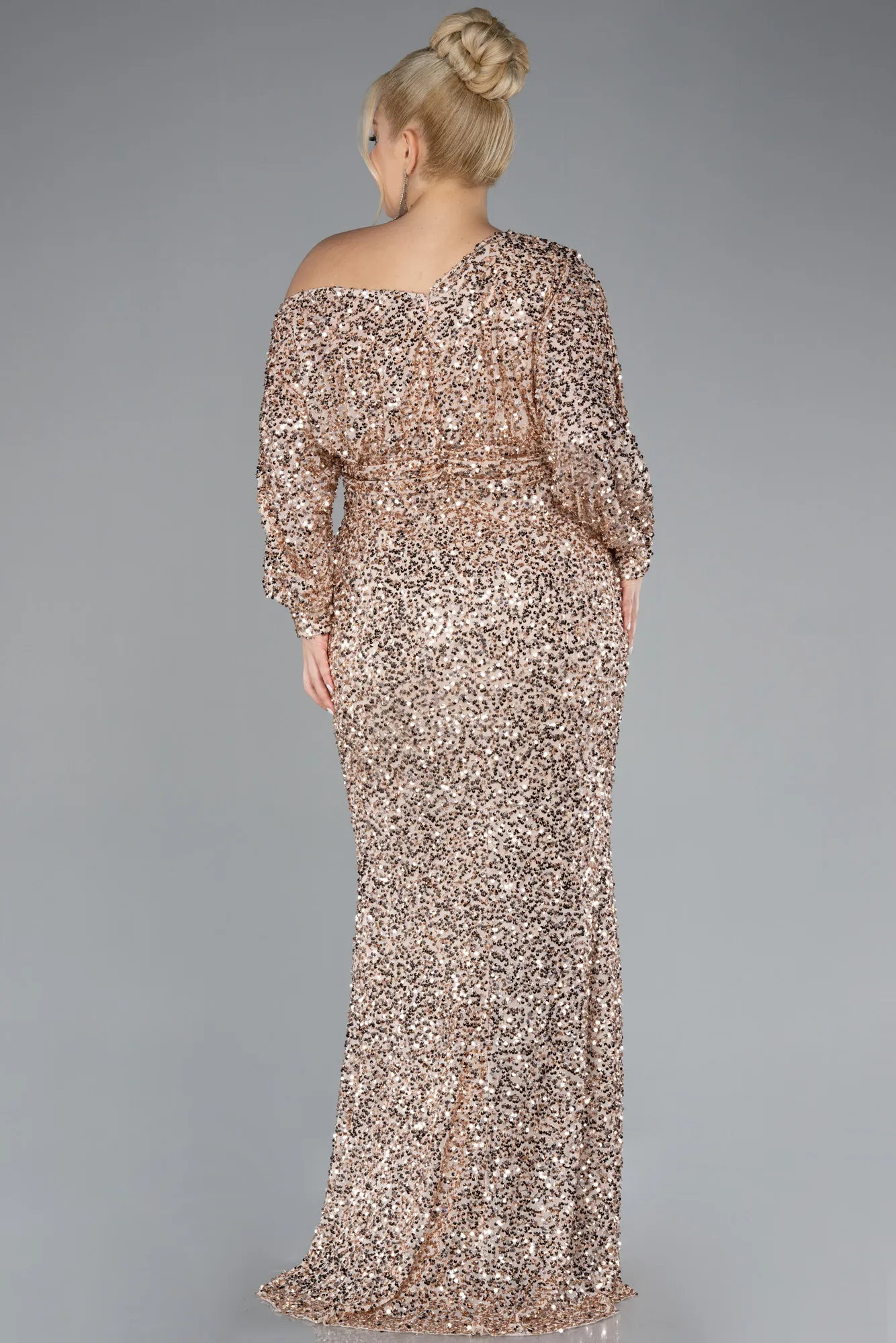 Gold-Slit Long Sleeve Scaly Plus Size Evening Gown ABU4313