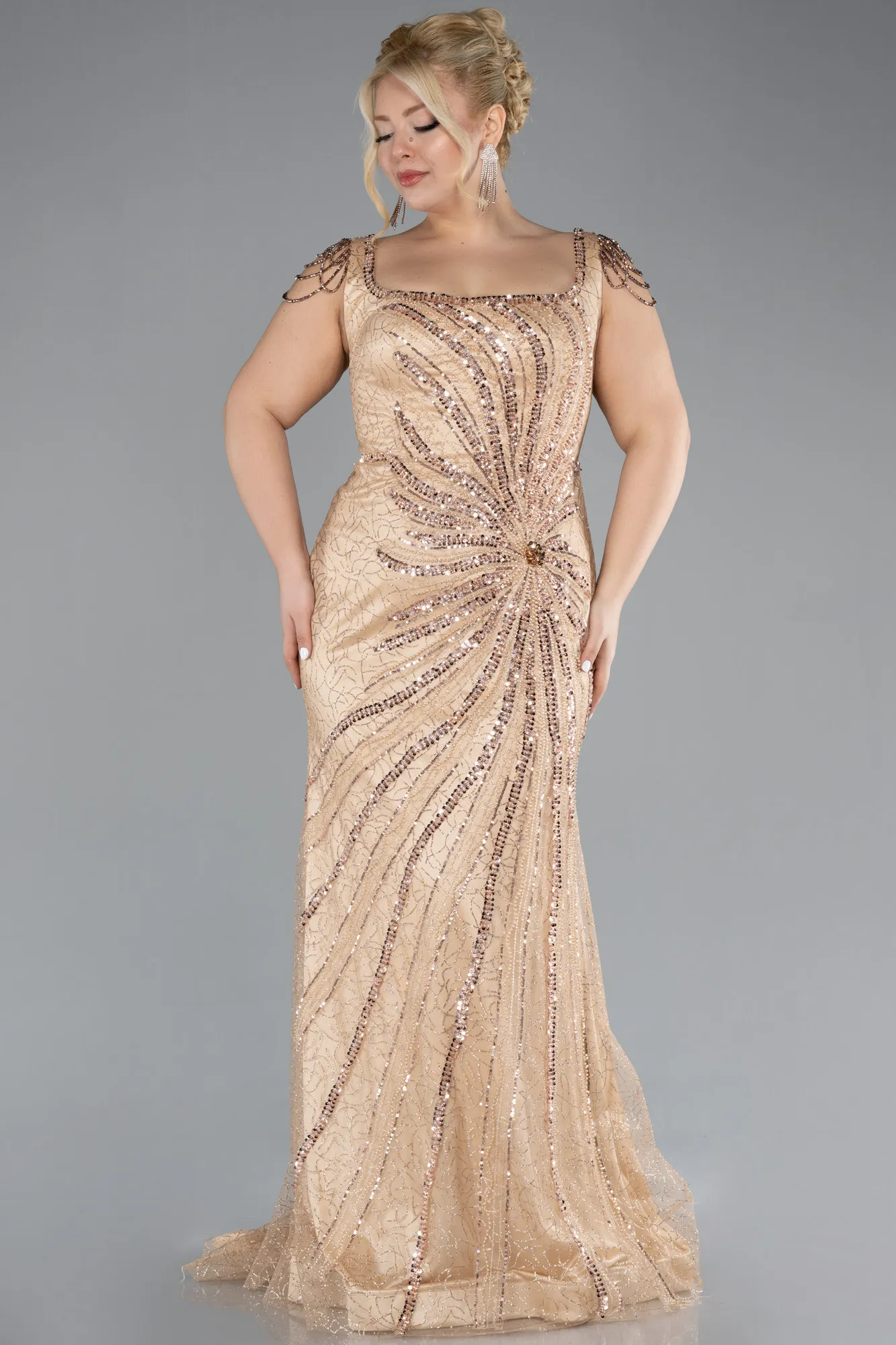 Gold-Stone Embroidered Long Plus Size Evening Gown ABU4276