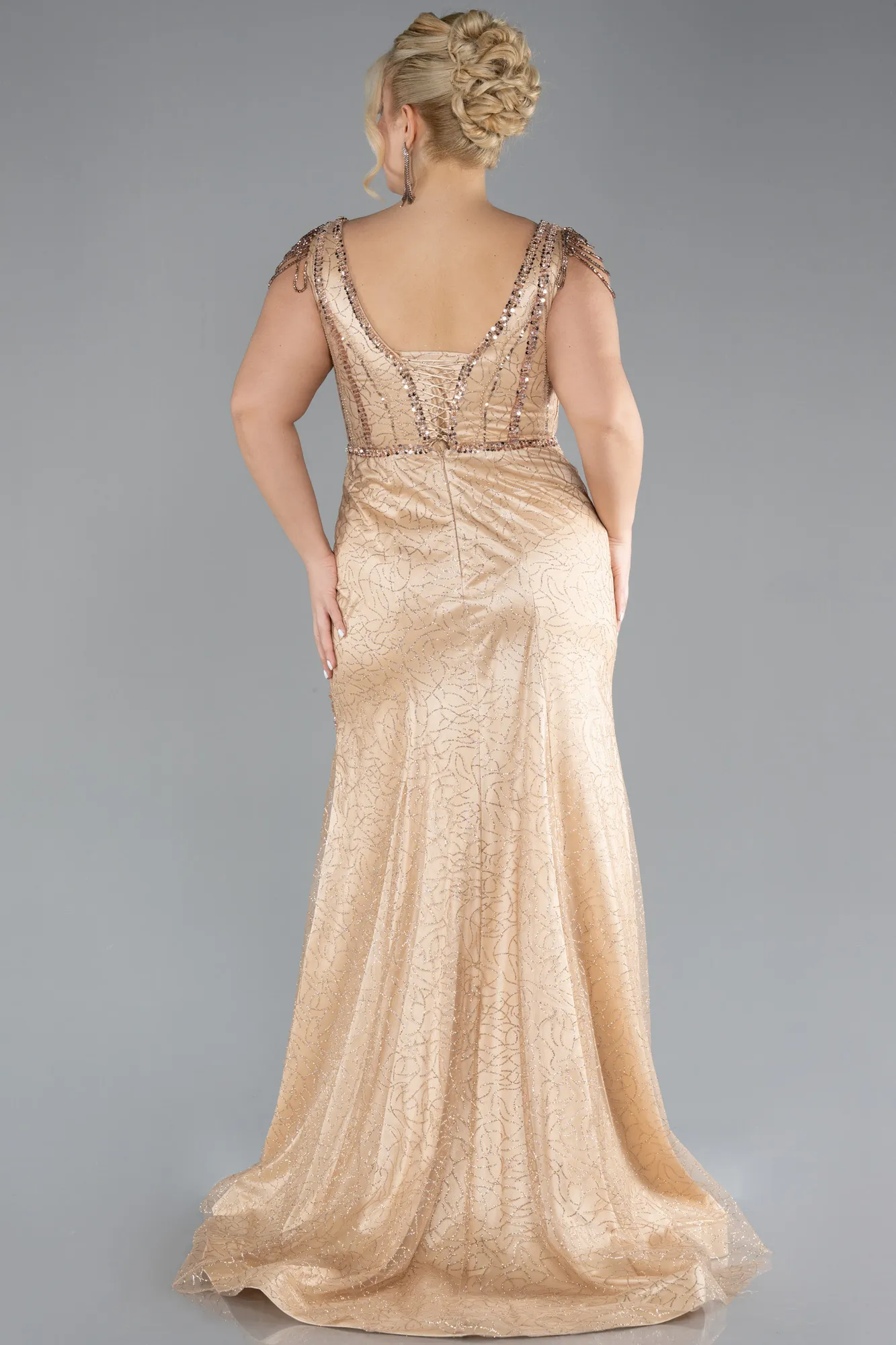 Gold-Stone Embroidered Long Plus Size Evening Gown ABU4276