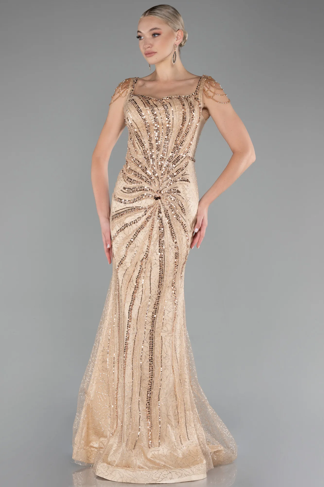 Gold-Stone Embroidered Long Special Design Evening Dress ABU4061