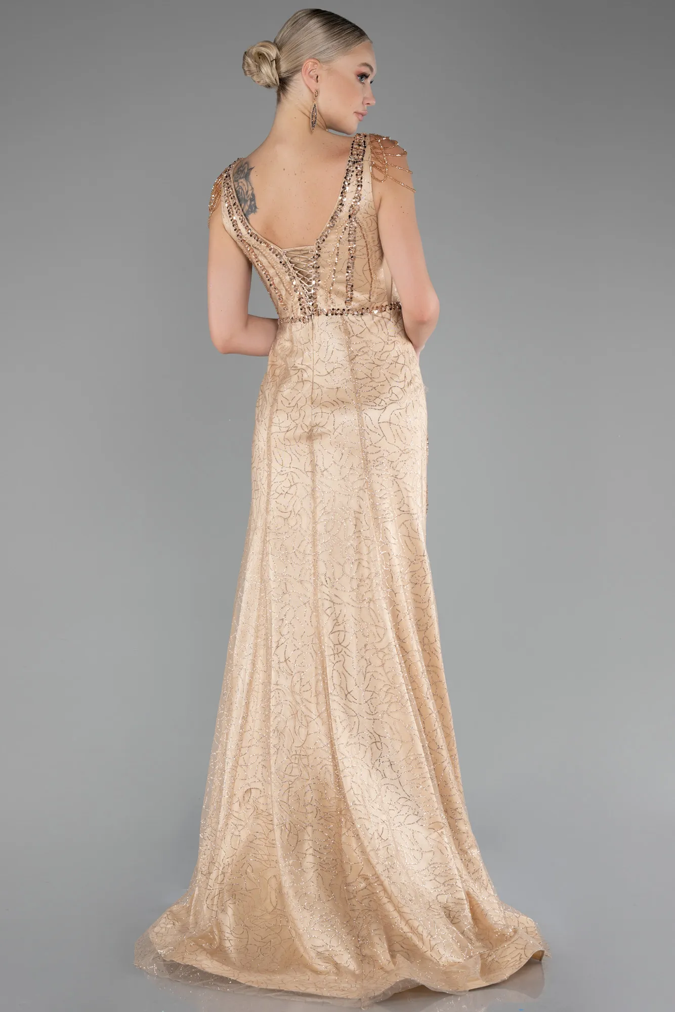 Gold-Stone Embroidered Long Special Design Evening Dress ABU4061