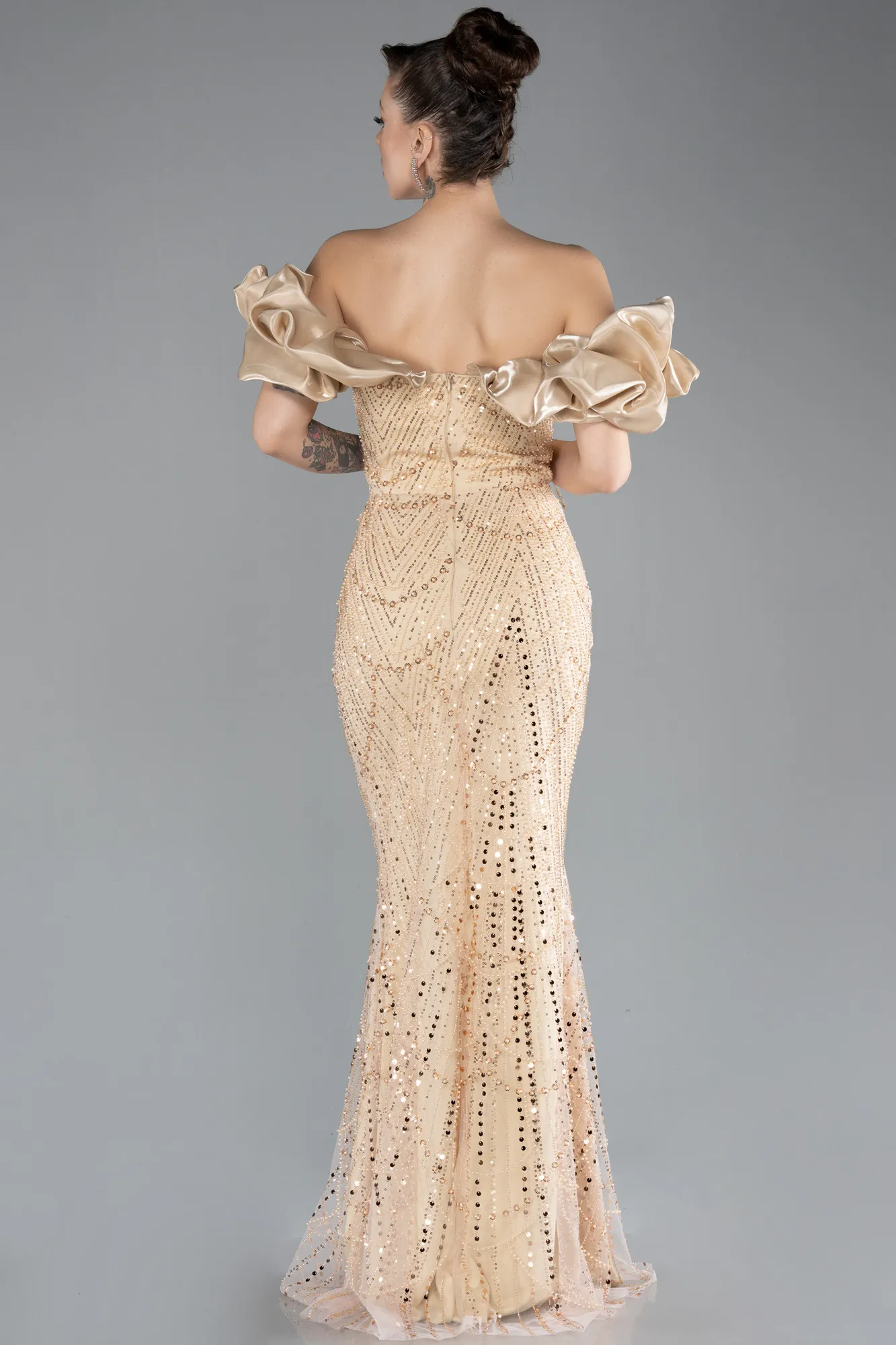 Gold-Stoned Strapless Sleeve Accessories Long Mermaid Evening Gown ABU4509