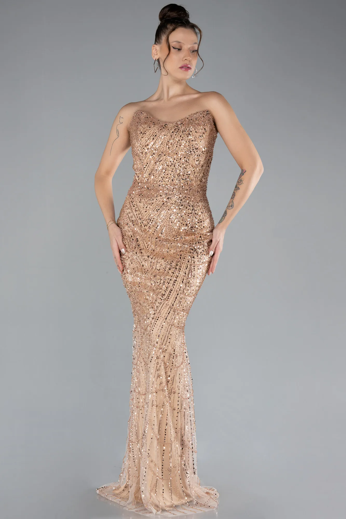 Gold-Strapless Long Beaded Fishtail Evening Gown ABU4382