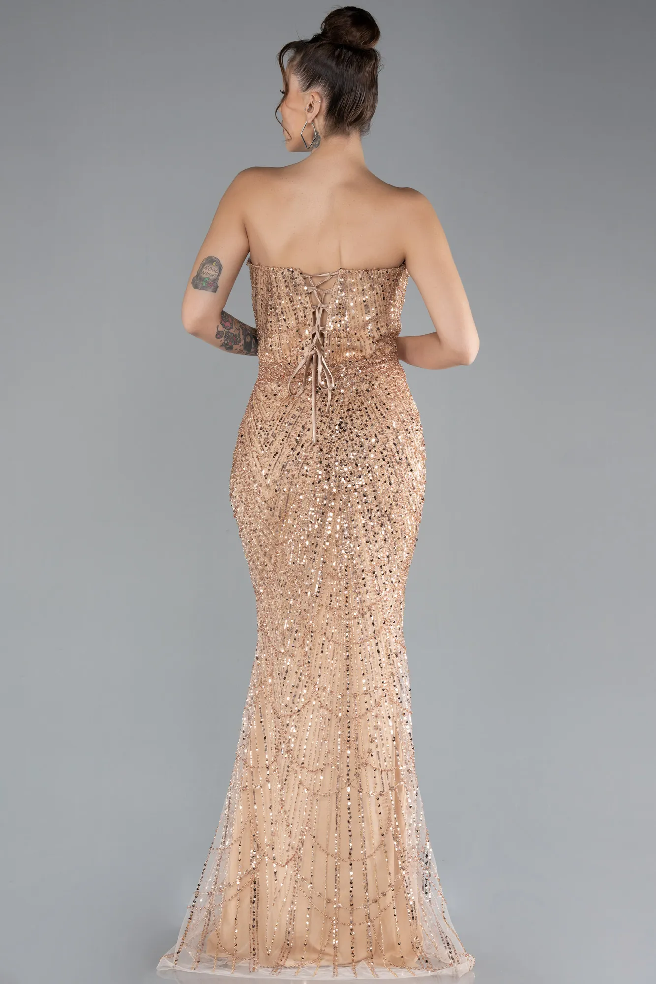 Gold-Strapless Long Beaded Fishtail Evening Gown ABU4382