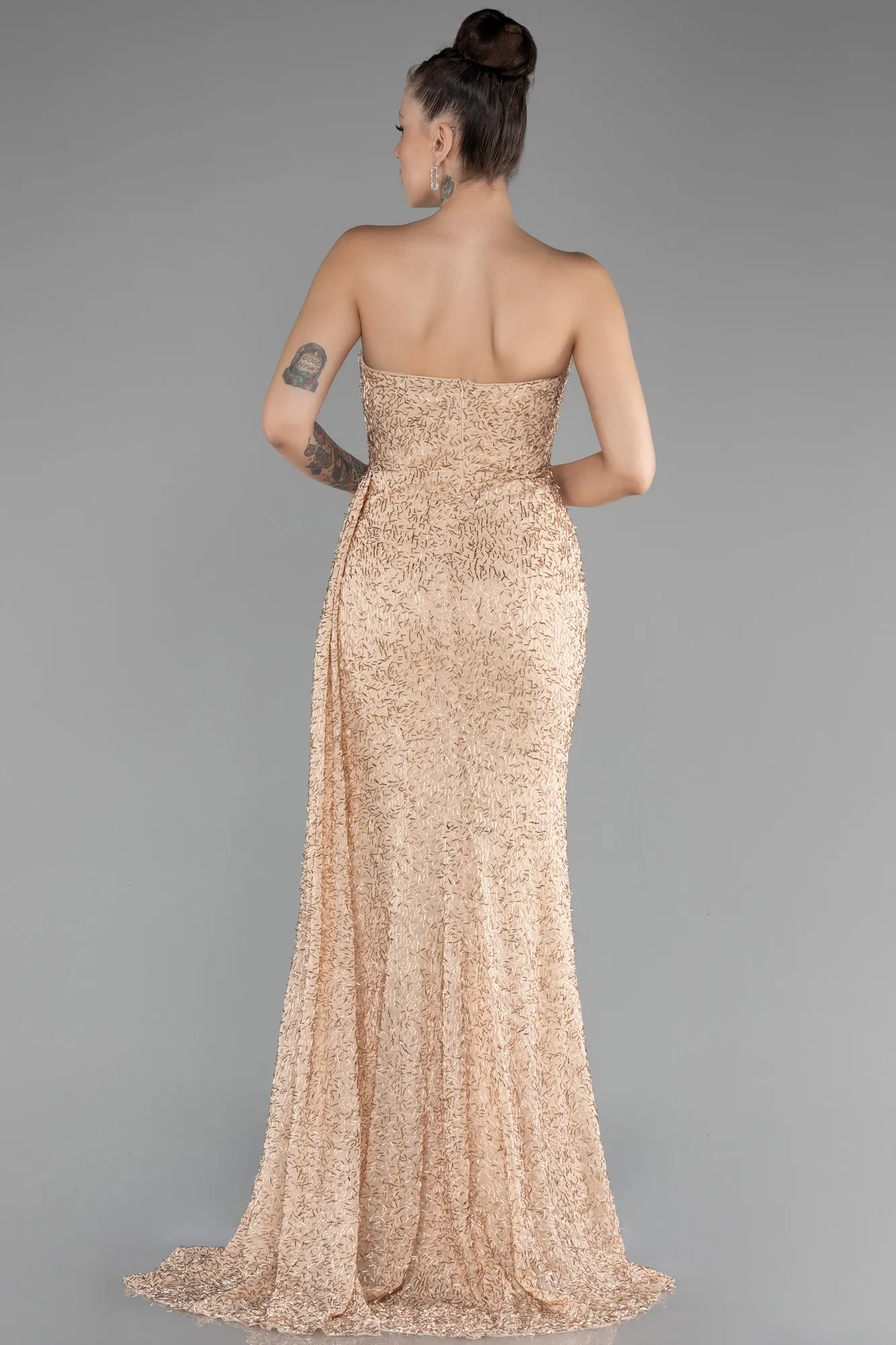 Gold-Strapless Slit Beaded Long Evening Gown ABU4114