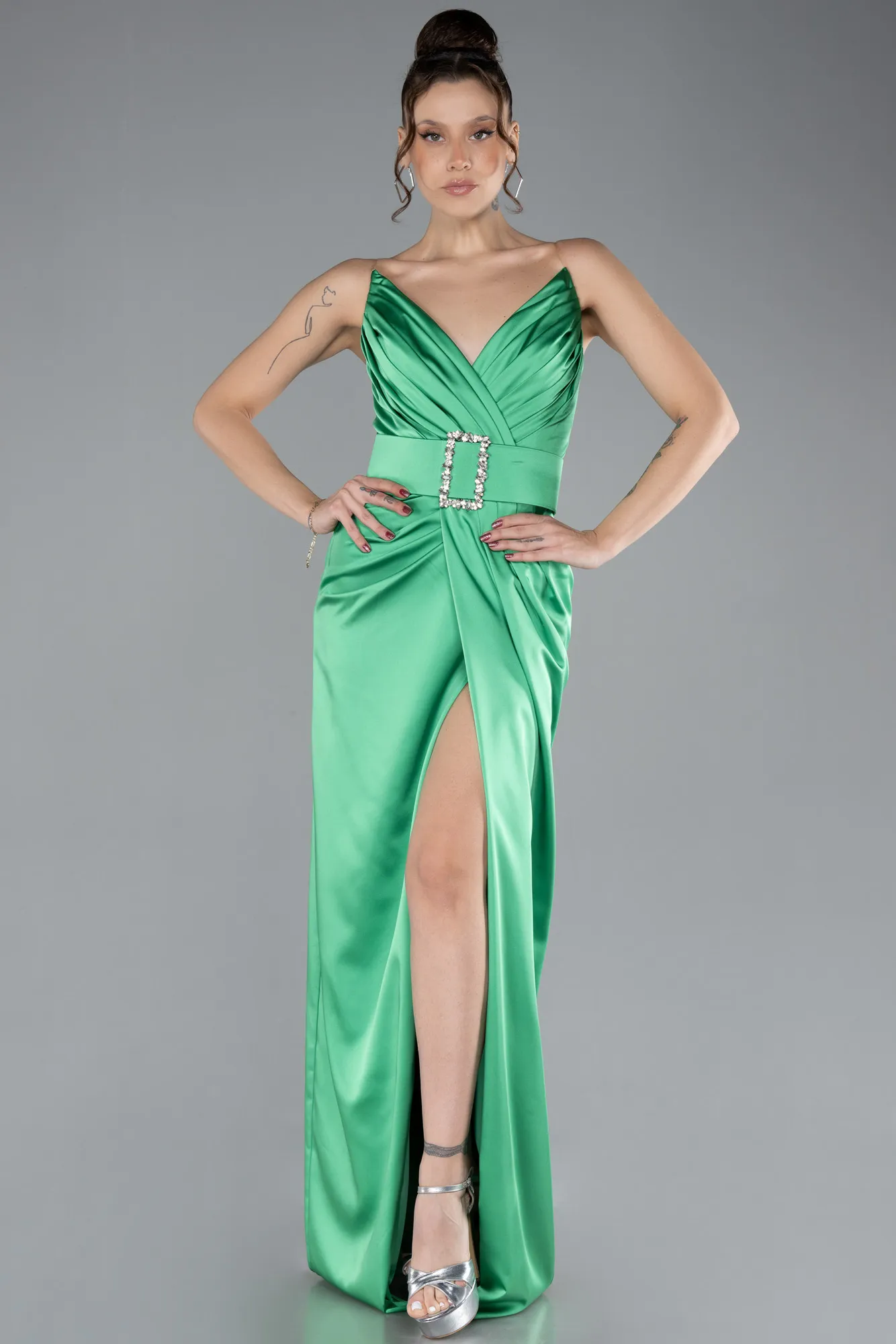 Green-Long Satin Evening Dress ABU2844