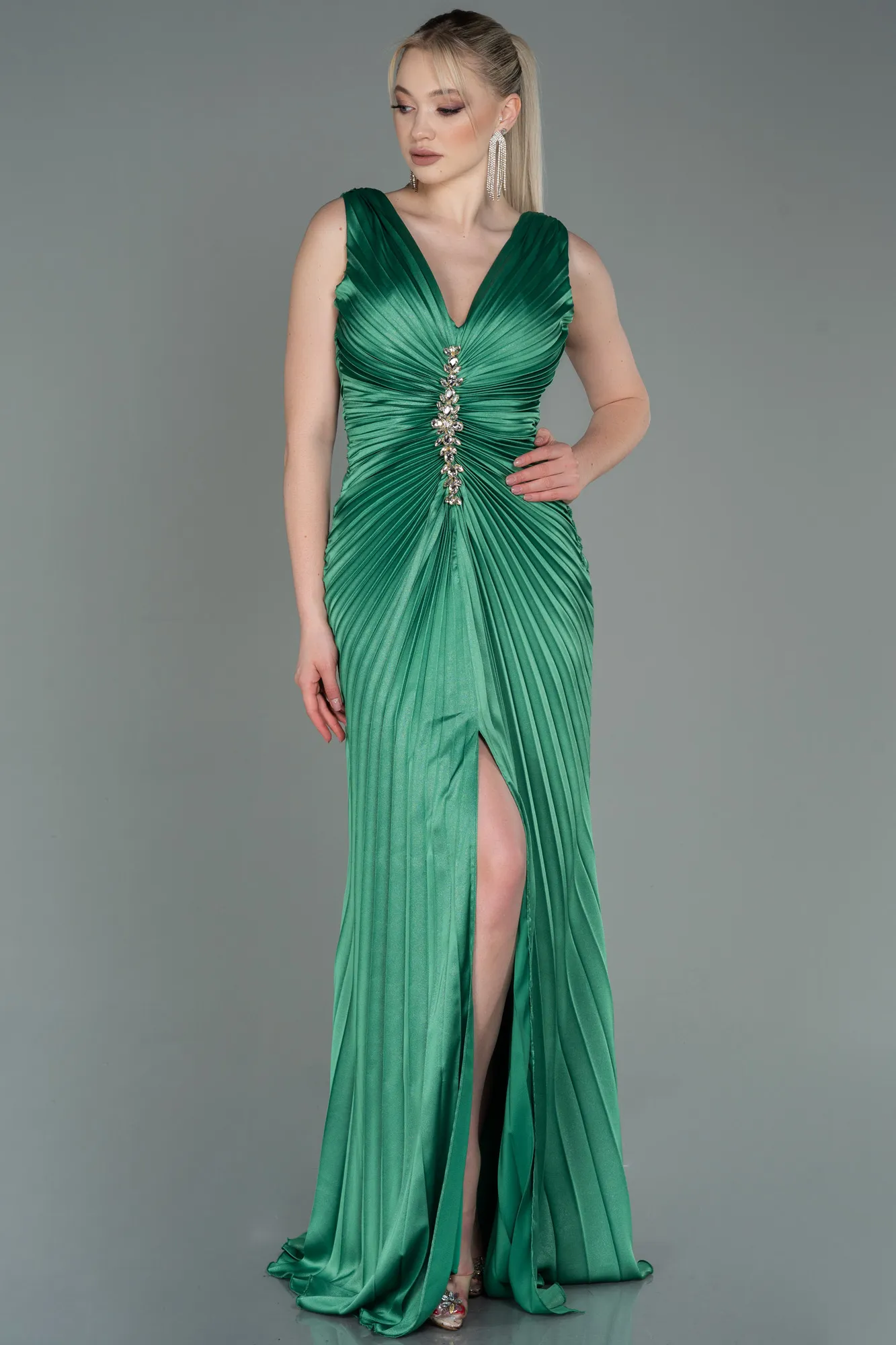 Green-Long Satin Evening Dress ABU3183