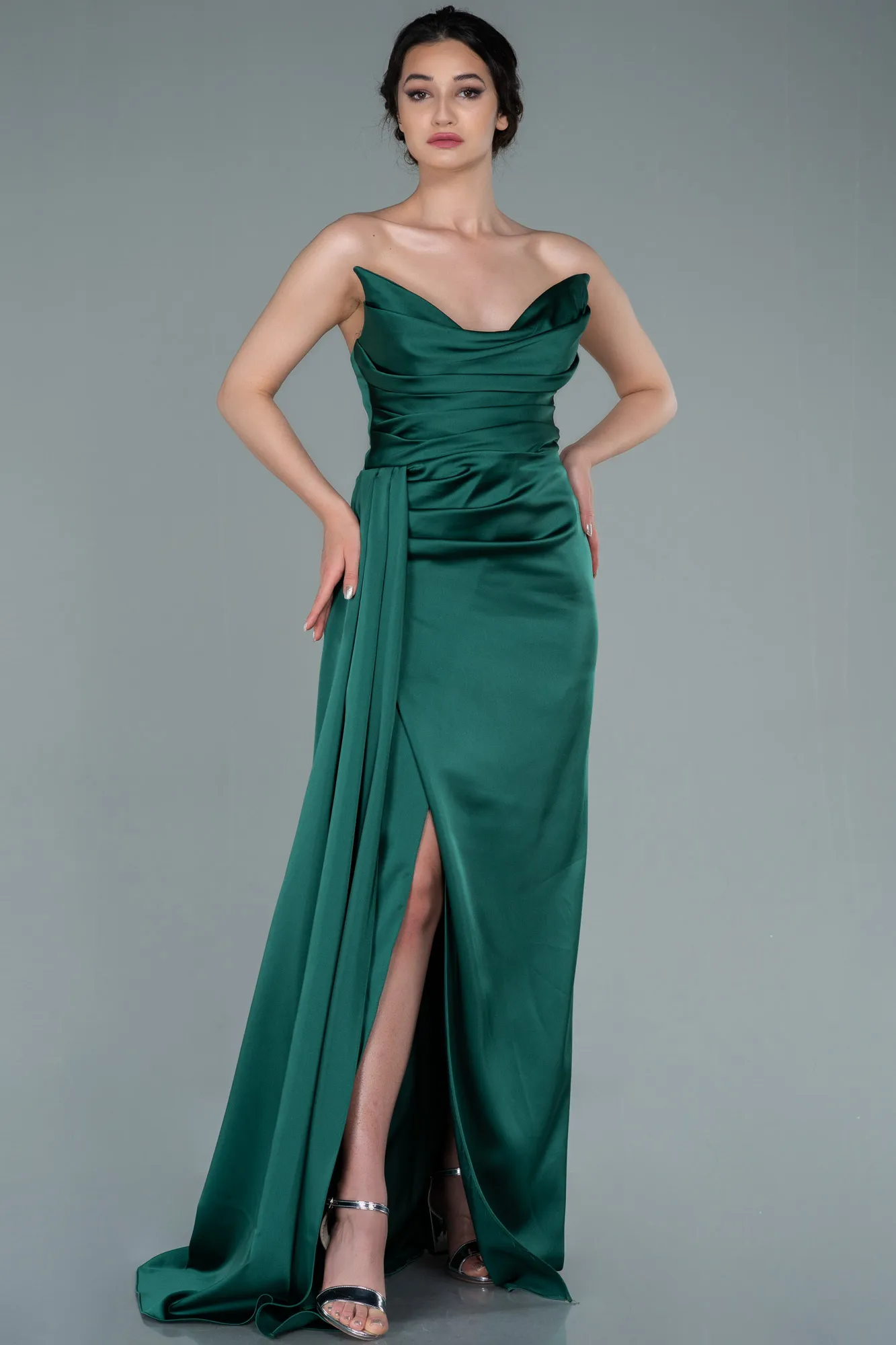 Green-Long Satin Prom Gown ABU2340