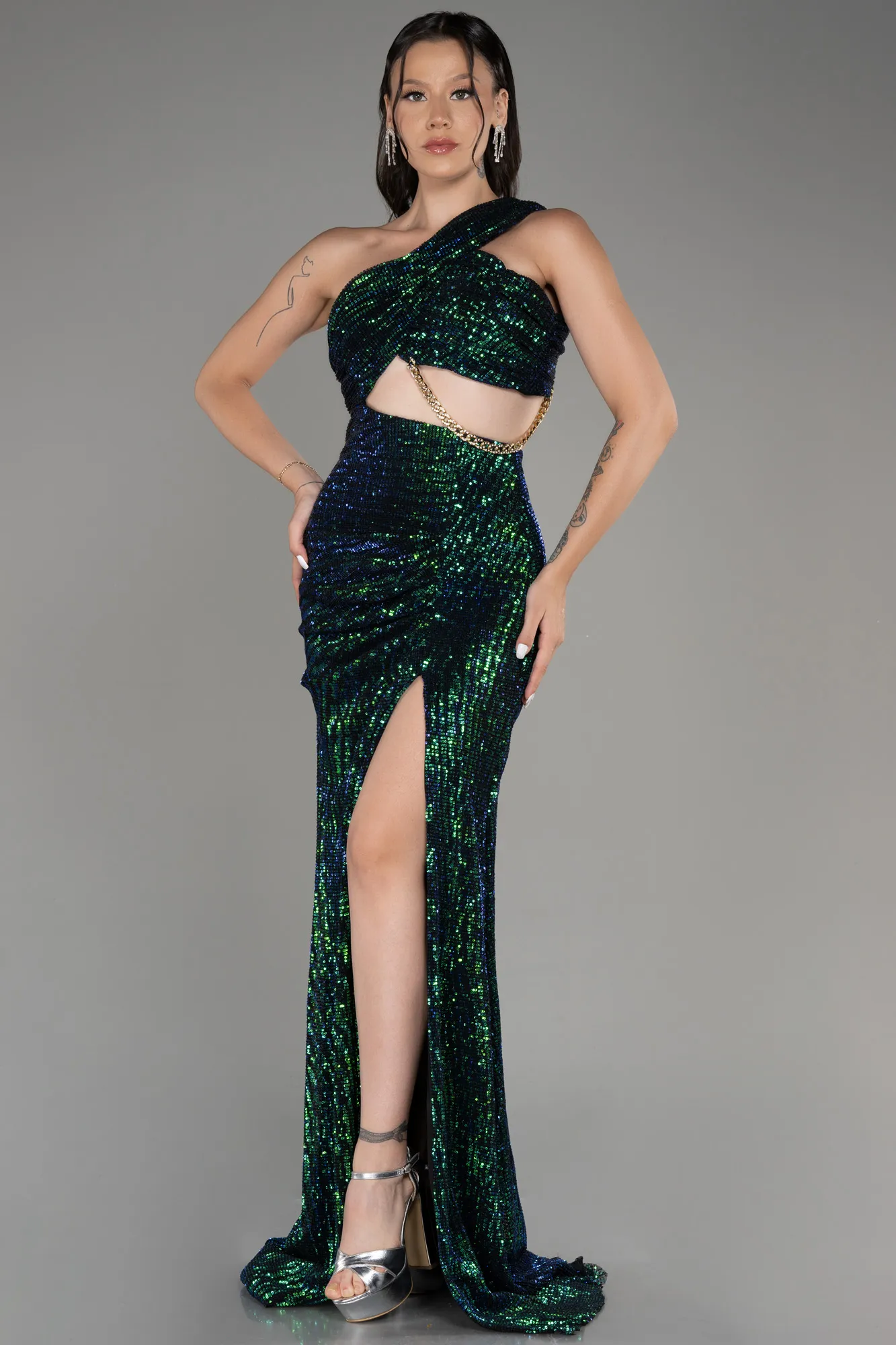 Green-Long Scaly Evening Dress ABU3164