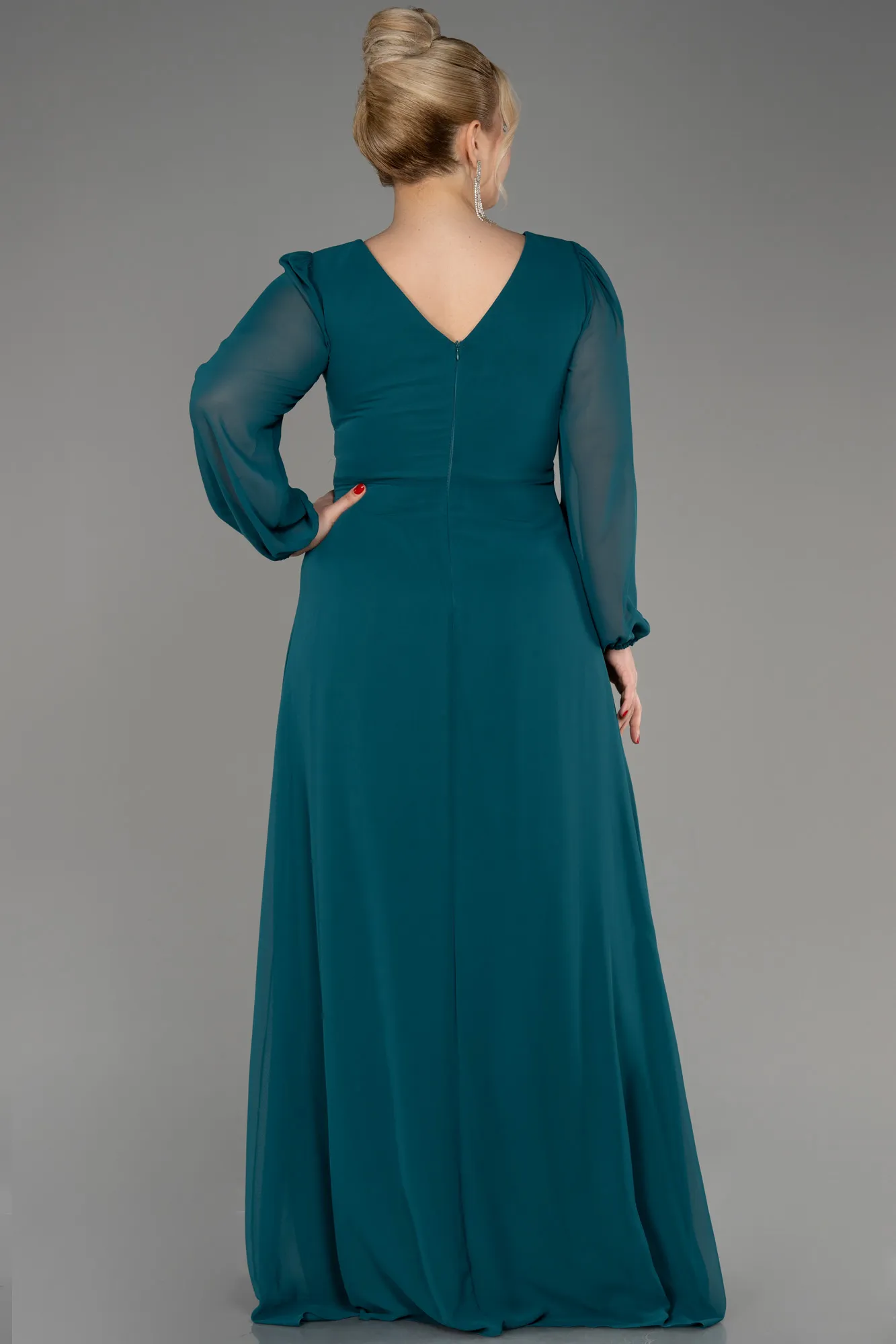 Green-Long Sleeve Chiffon Plus Size Evening Dress ABU3938