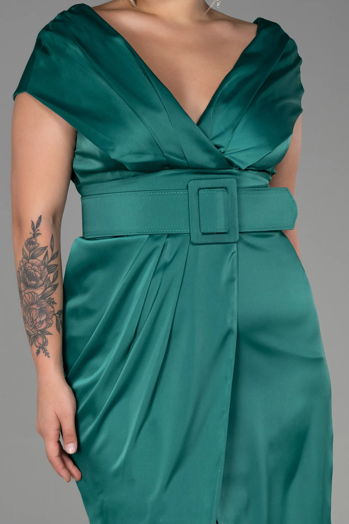Green-Midi Satin Plus Size Evening Dress ABK1499