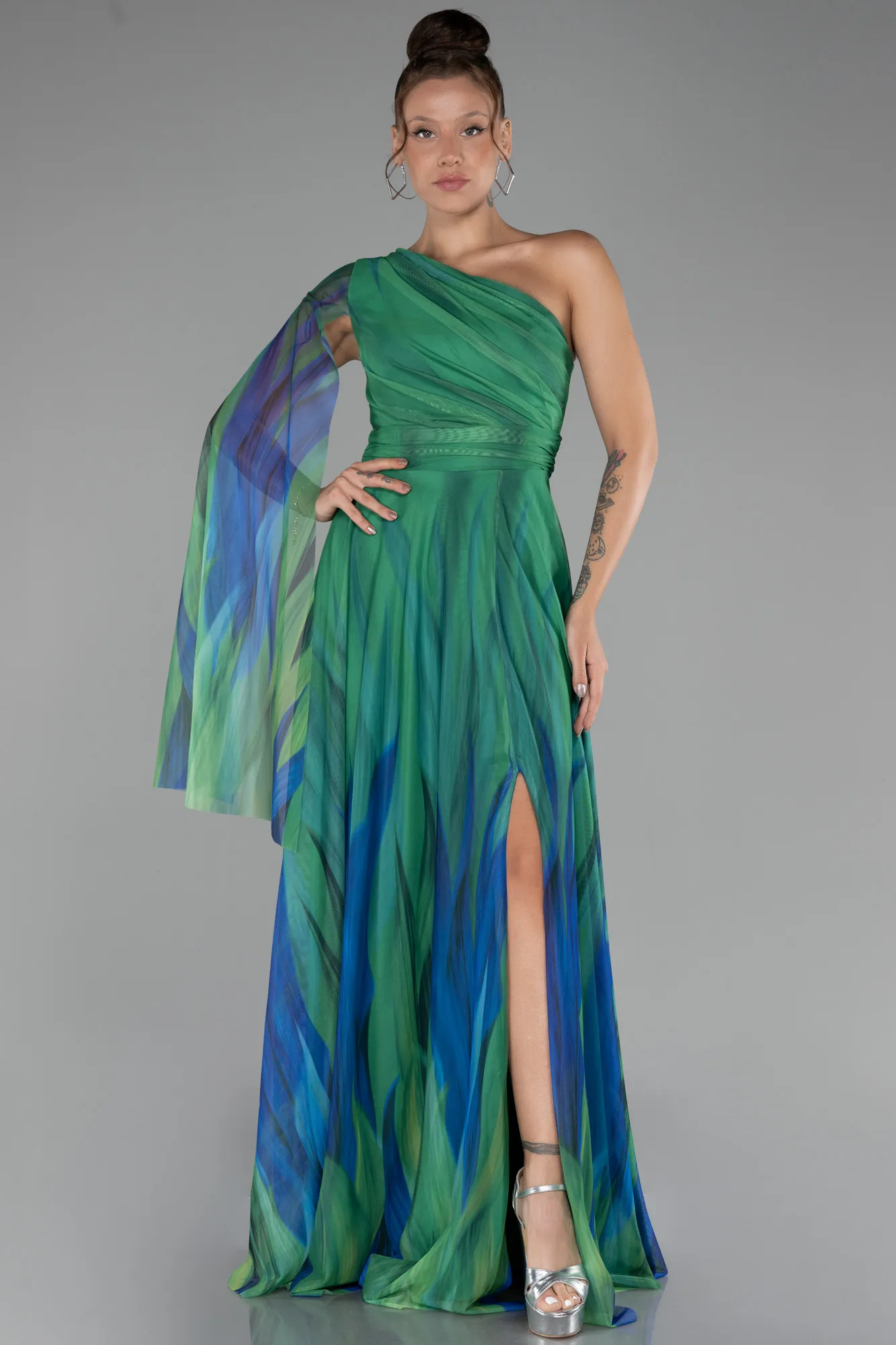 Green-One Shoulder Patterned Long Prom Dress ABU4279