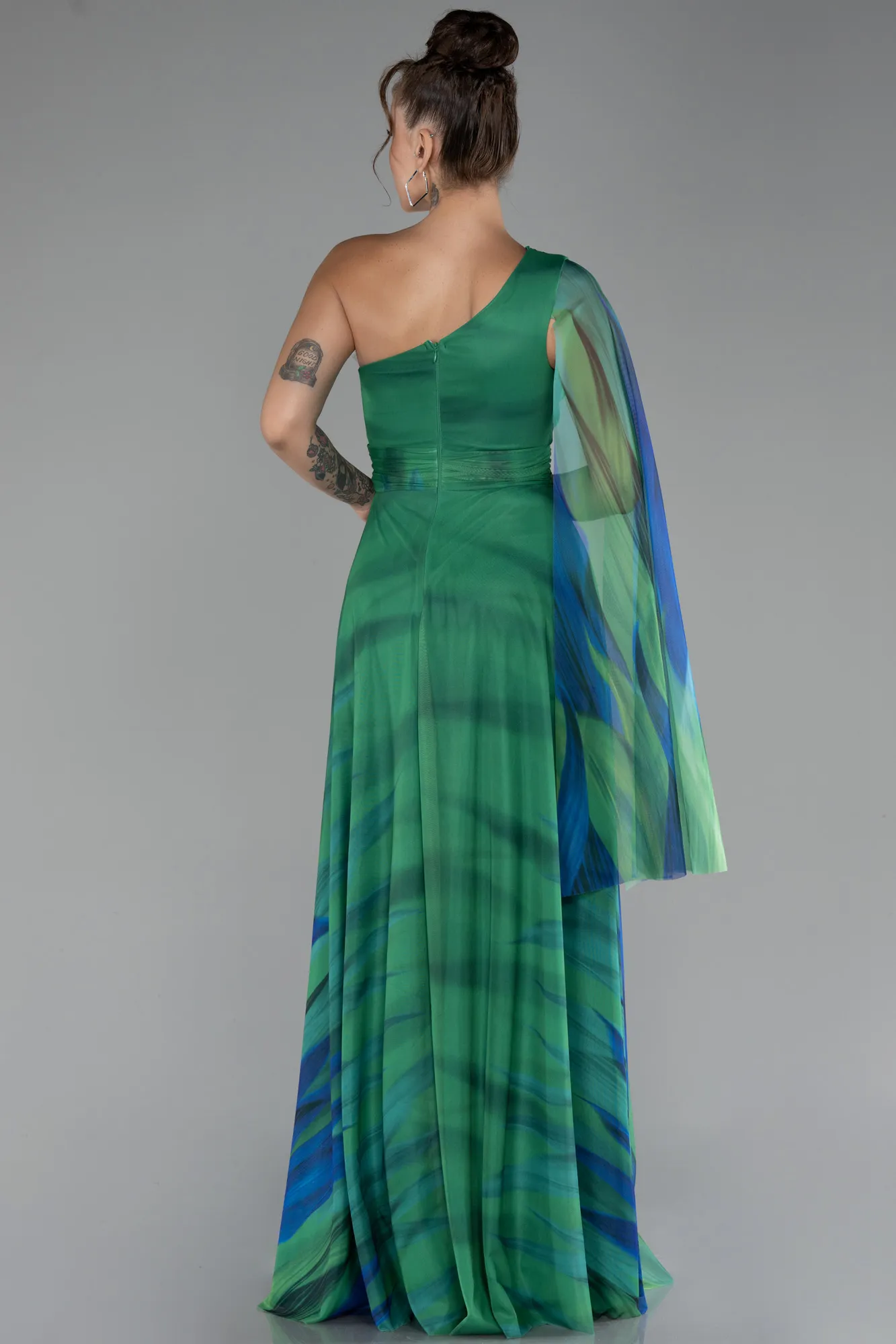 Green-One Shoulder Patterned Long Prom Dress ABU4279