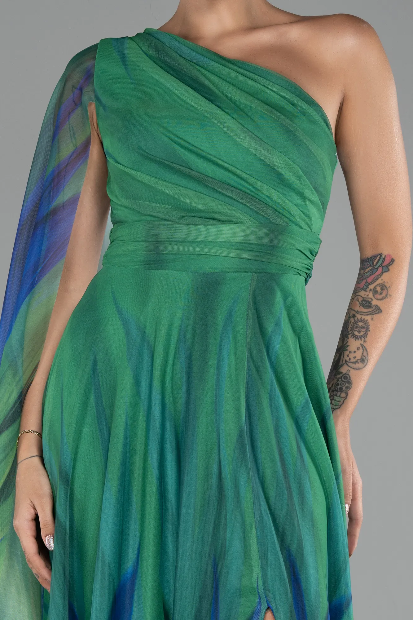 Green-One Shoulder Patterned Long Prom Dress ABU4279