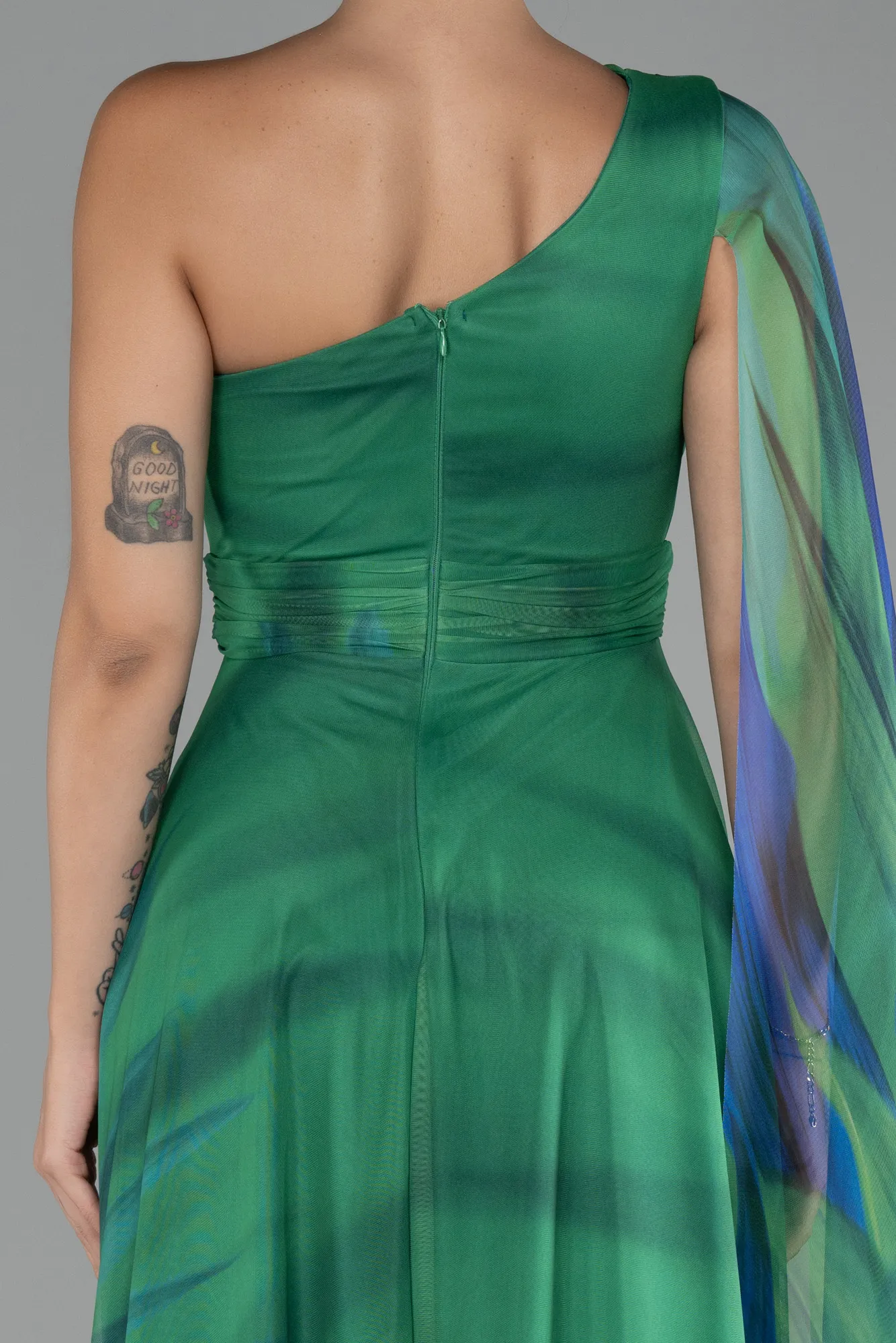 Green-One Shoulder Patterned Long Prom Dress ABU4279