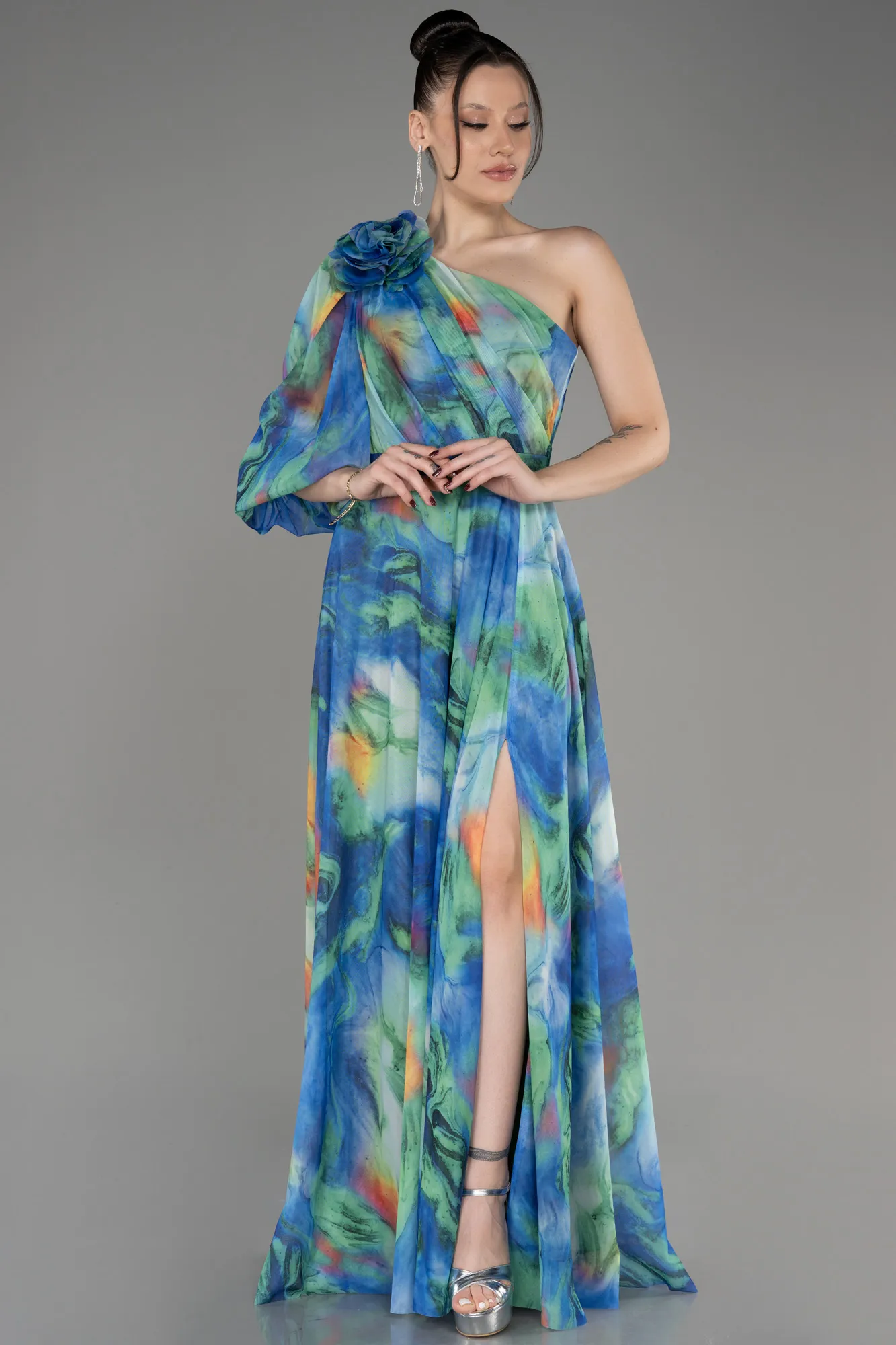 Green-One Shoulder Slit Long Printed Evening Dress ABU3951