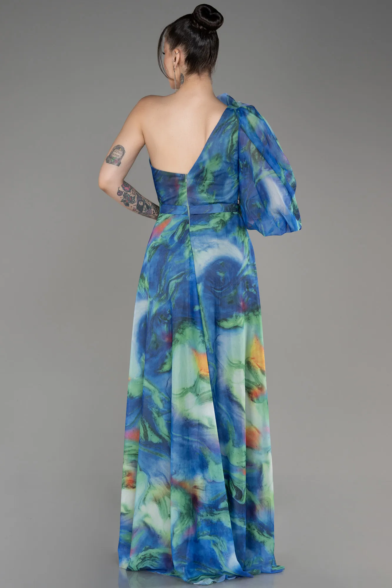 Green-One Shoulder Slit Long Printed Evening Dress ABU3951