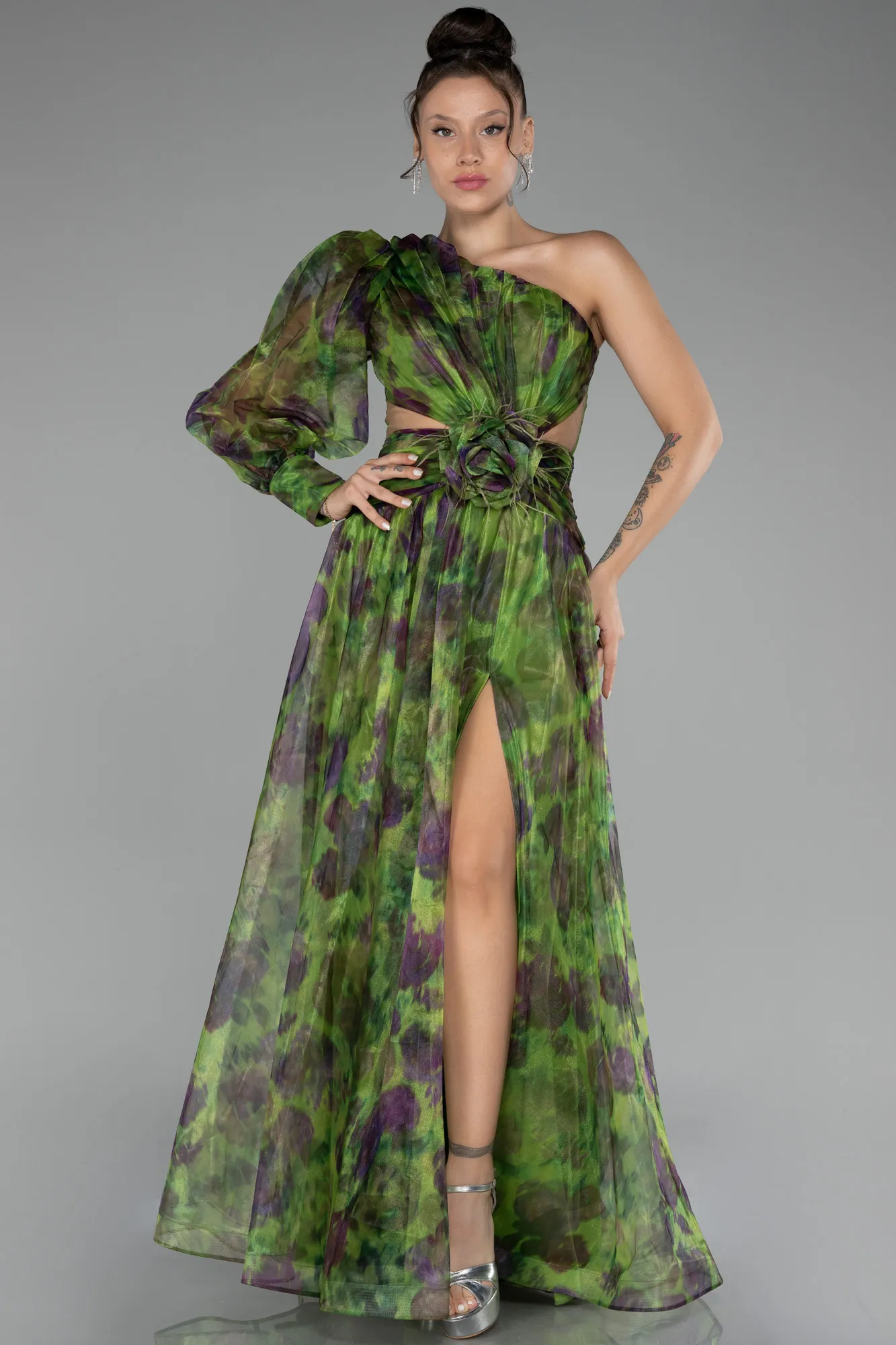 Green-One Sleeve Slit Long Patterned Prom Gown ABU4206