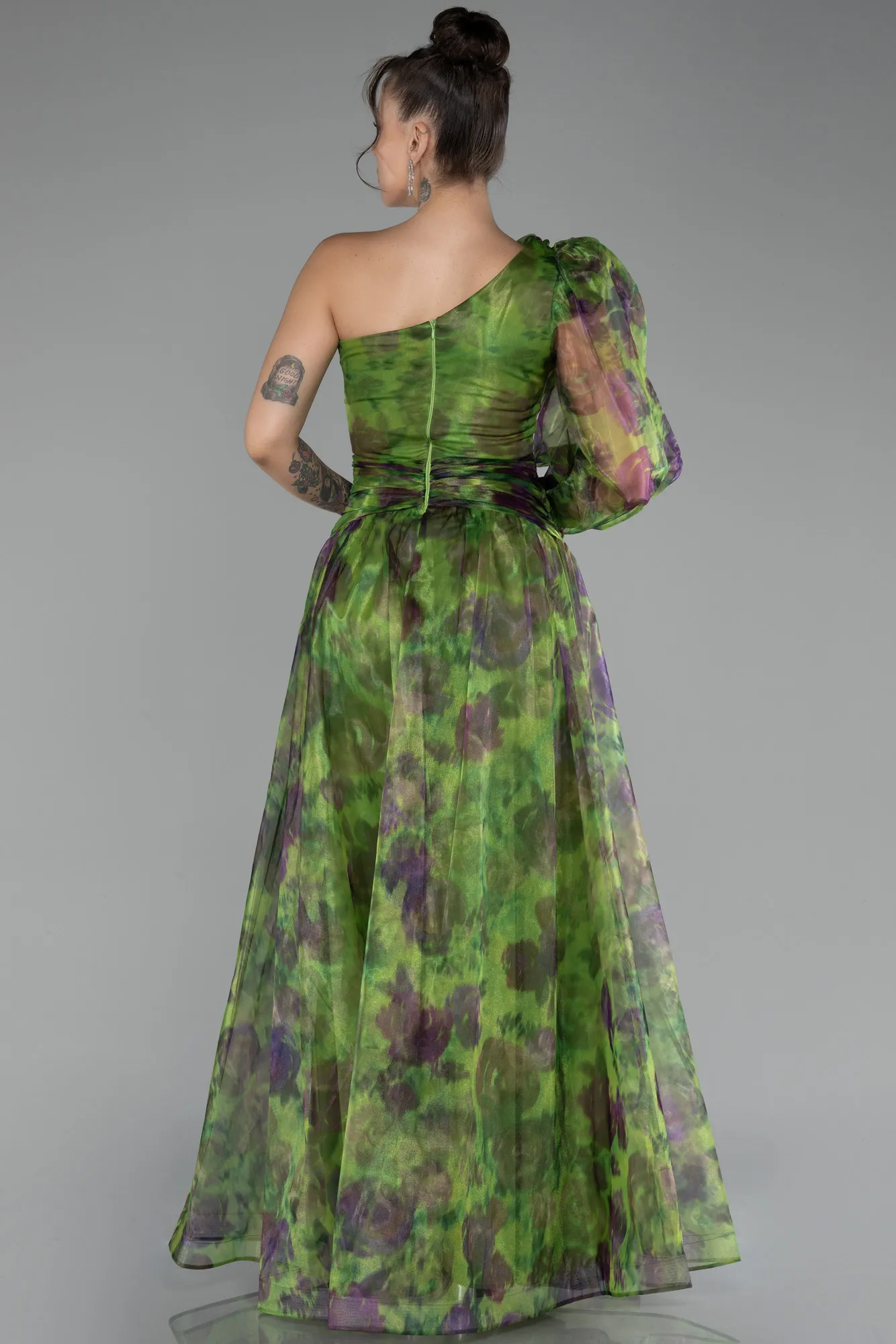 Green-One Sleeve Slit Long Patterned Prom Gown ABU4206