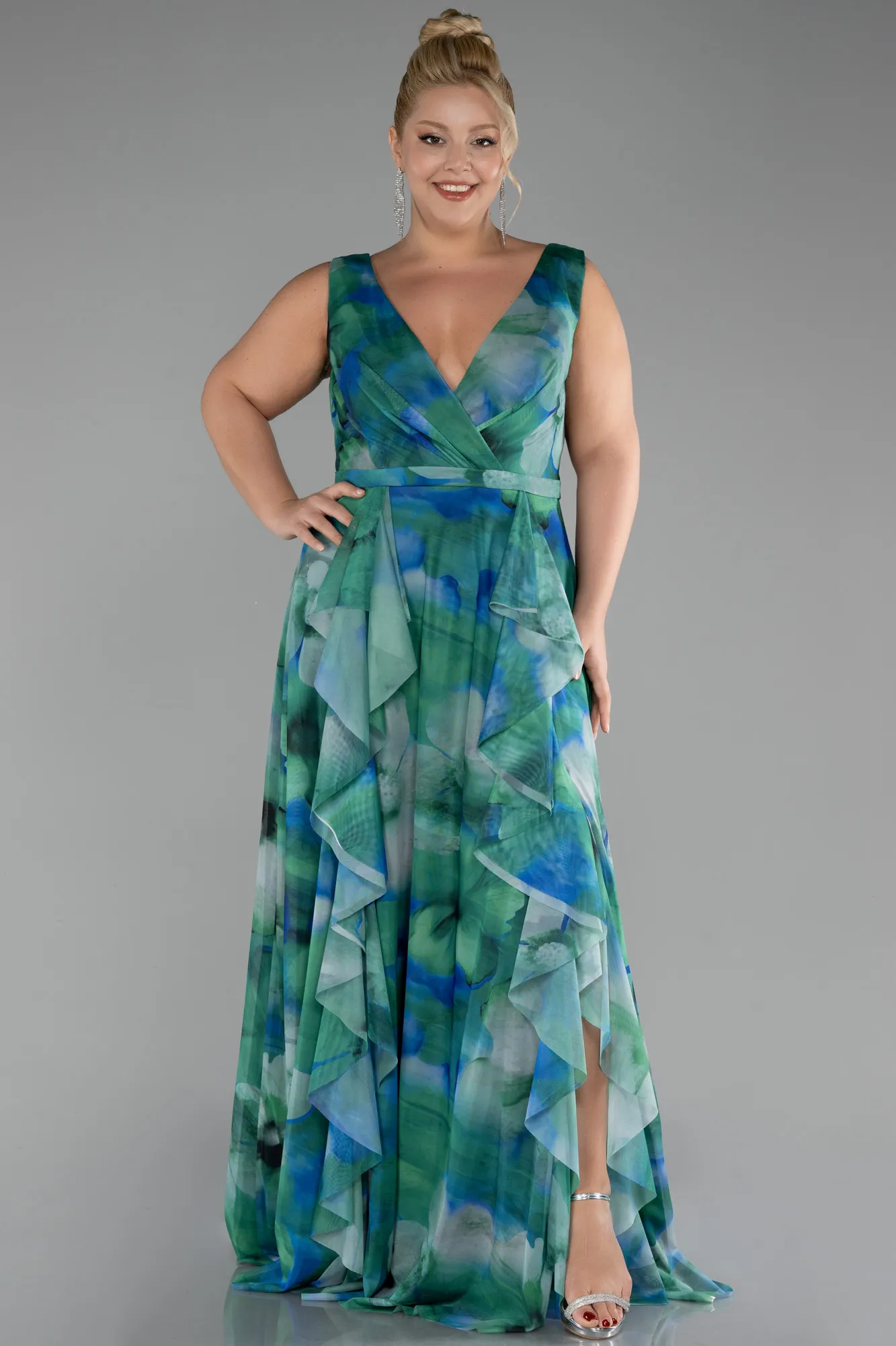 Green-Sleevess Printed Chiffon Plus Size Prom Dress ABU4050