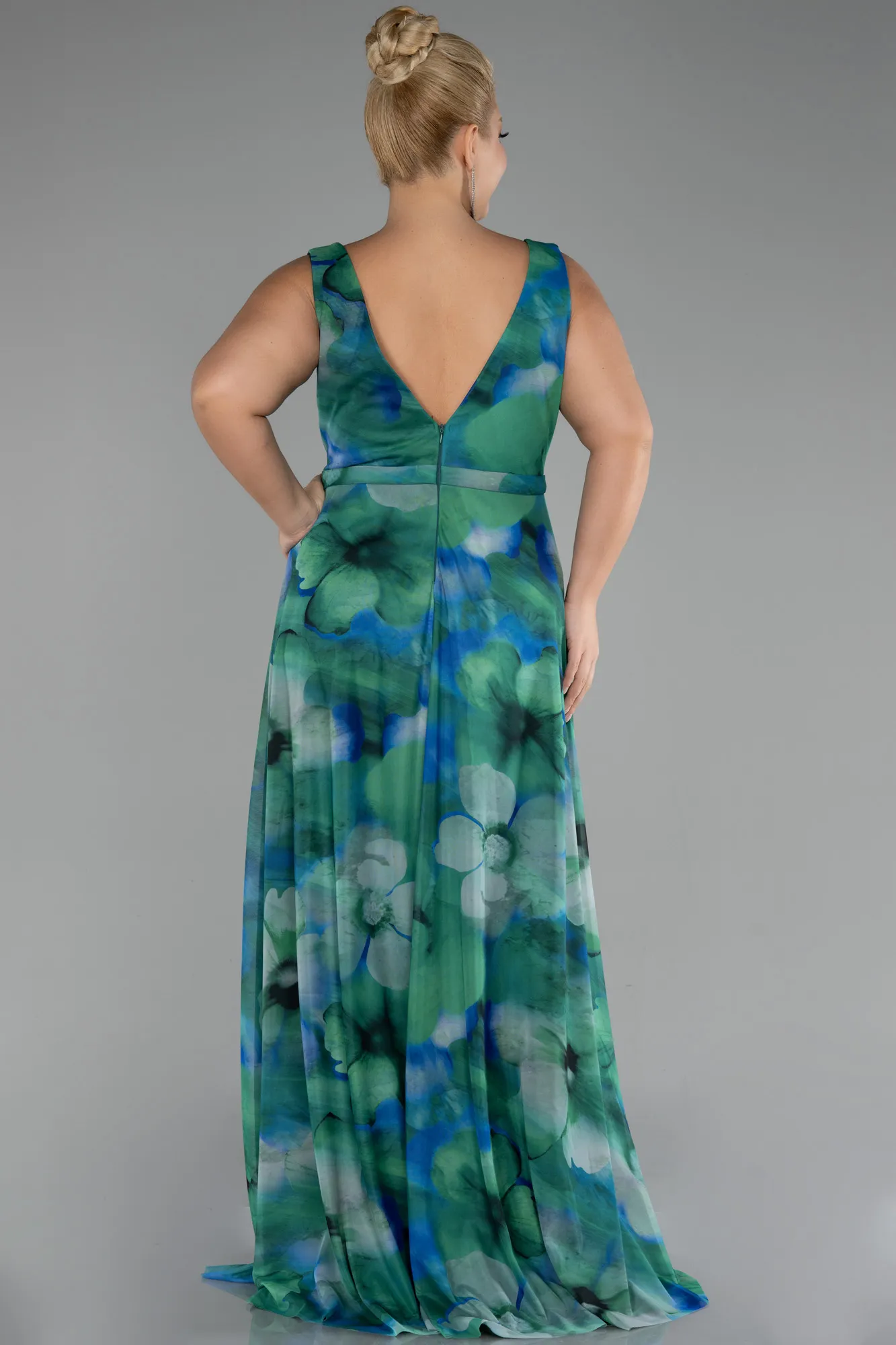 Green-Sleevess Printed Chiffon Plus Size Prom Dress ABU4050